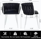 Velvet Dining Chairs Set of 4, Woven Upholstered Side Chairs with White Metal Legs, Modern Accent Chairs Kitchen & Dining Room Chair for Bedroom Living Room (Black + White Legs, Set of 4)