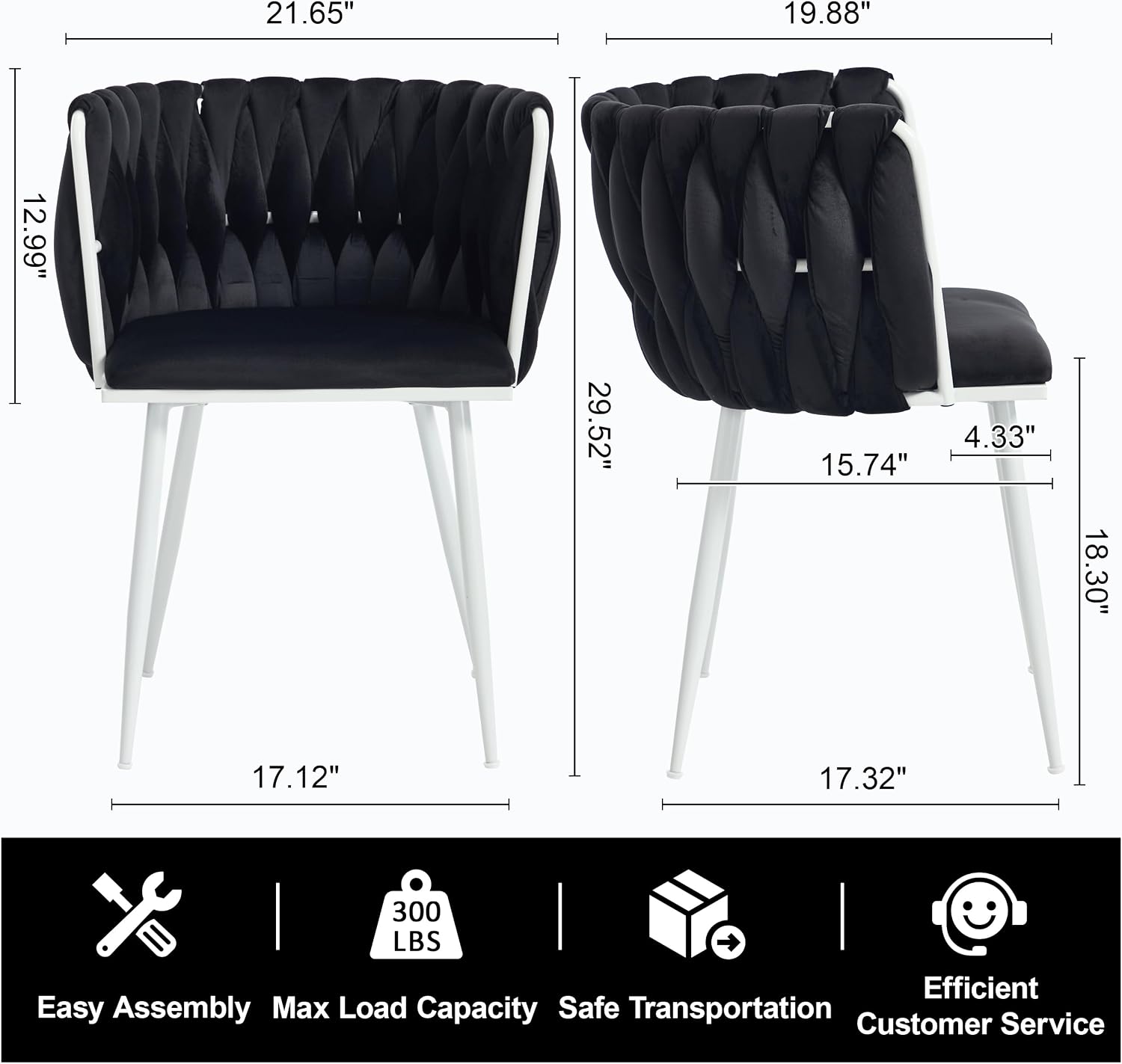 Velvet Dining Chairs Set of 4, Woven Upholstered Side Chairs with White Metal Legs, Modern Accent Chairs Kitchen & Dining Room Chair for Bedroom Living Room (Black + White Legs, Set of 4)