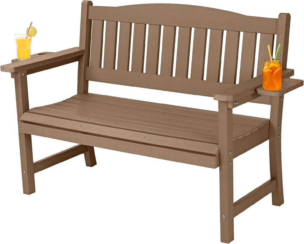 2-Person HIPS Outdoor Benches, Weatherproof Garden Bench with 800 lbs Weight Capacity, Artificial Wood Grains, Never Rot or Fade, Patio Benches for Garden, Porch, Balcony, Backyard,Park, Brown, 1 Pack