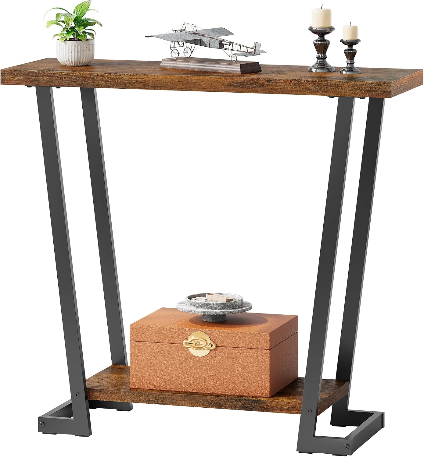 2 Tier Narrow Console Table, 31.5'' Entryway Table, Rustic Brown | Industrial Console Table with Storage, Thin Entryway Table for Foyer, Entrance, Hallway, Living Room, Corridor, Office