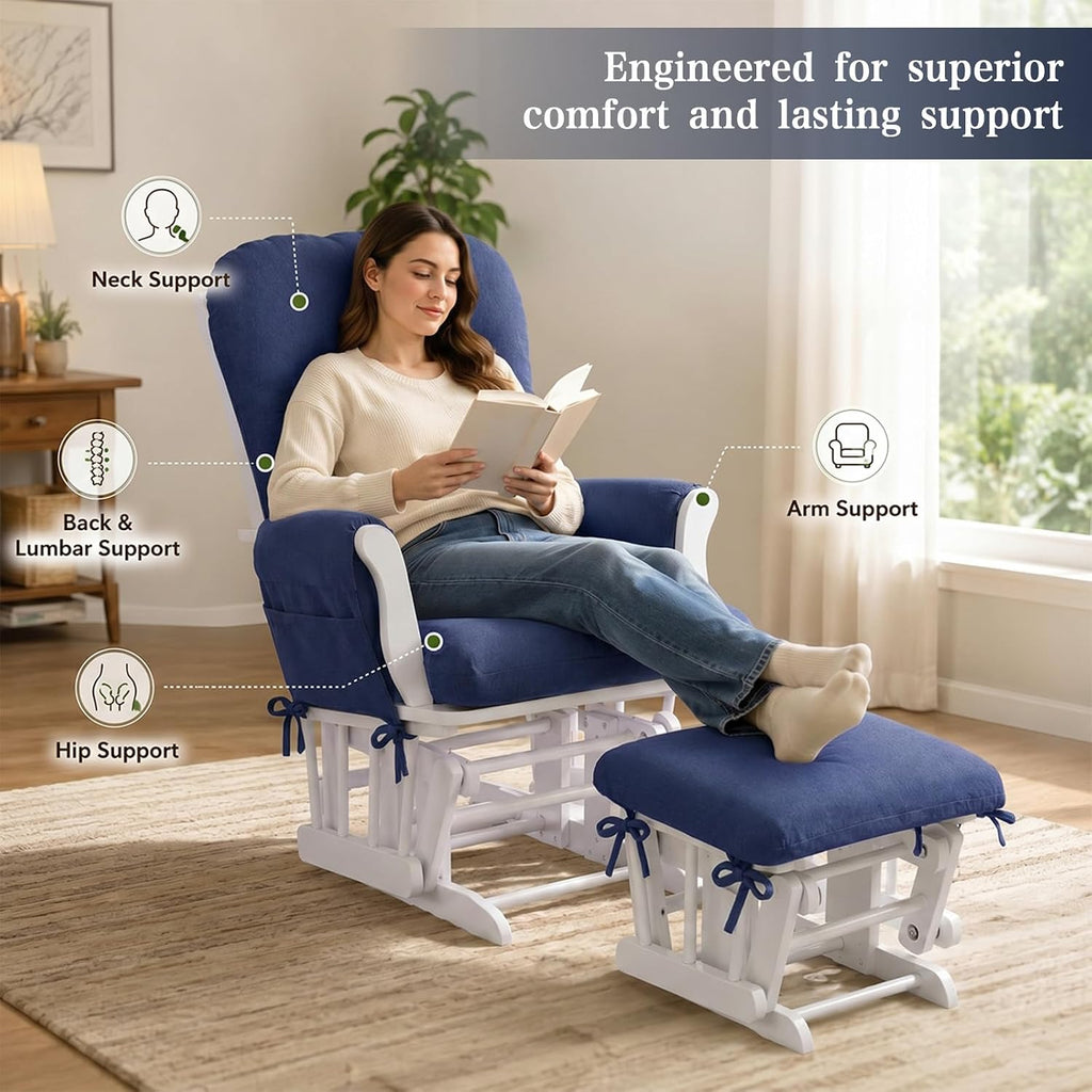 ANMINY 5pcs Glider Rocker Replacement Cushions Set - Thickened Glider Rocking Chair Cushions with 29.5 inch High Backrest & Side Pockets for Indoor Nursery, Washable & Non Slip, Blue