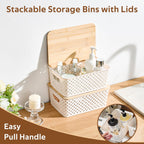 8 Pack Plastic Storage Bins with Bamboo Lids - Stackable Storage Baskets with Handle for Pantry Organizer and Storage, Plastic Containers Bins Lidded Storage Bins for Classroom Office Shelves