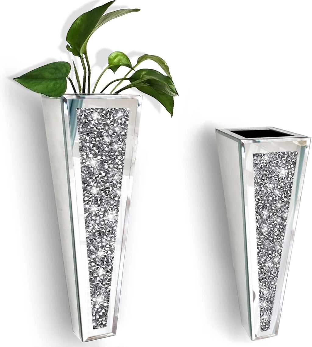 Flower Vase Crushed Diamond Mirrored Hanging Planter& Geometric Decor Mirrored Container,Silver Decorative Mirror Vase Luxury for Home Decor.befit for Faux Plants.Can’t Hold Water.(Set of 2)