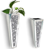 Flower Vase Crushed Diamond Mirrored Hanging Planter& Geometric Decor Mirrored Container,Silver Decorative Mirror Vase Luxury for Home Decor.befit for Faux Plants.Can’t Hold Water.(Set of 2)