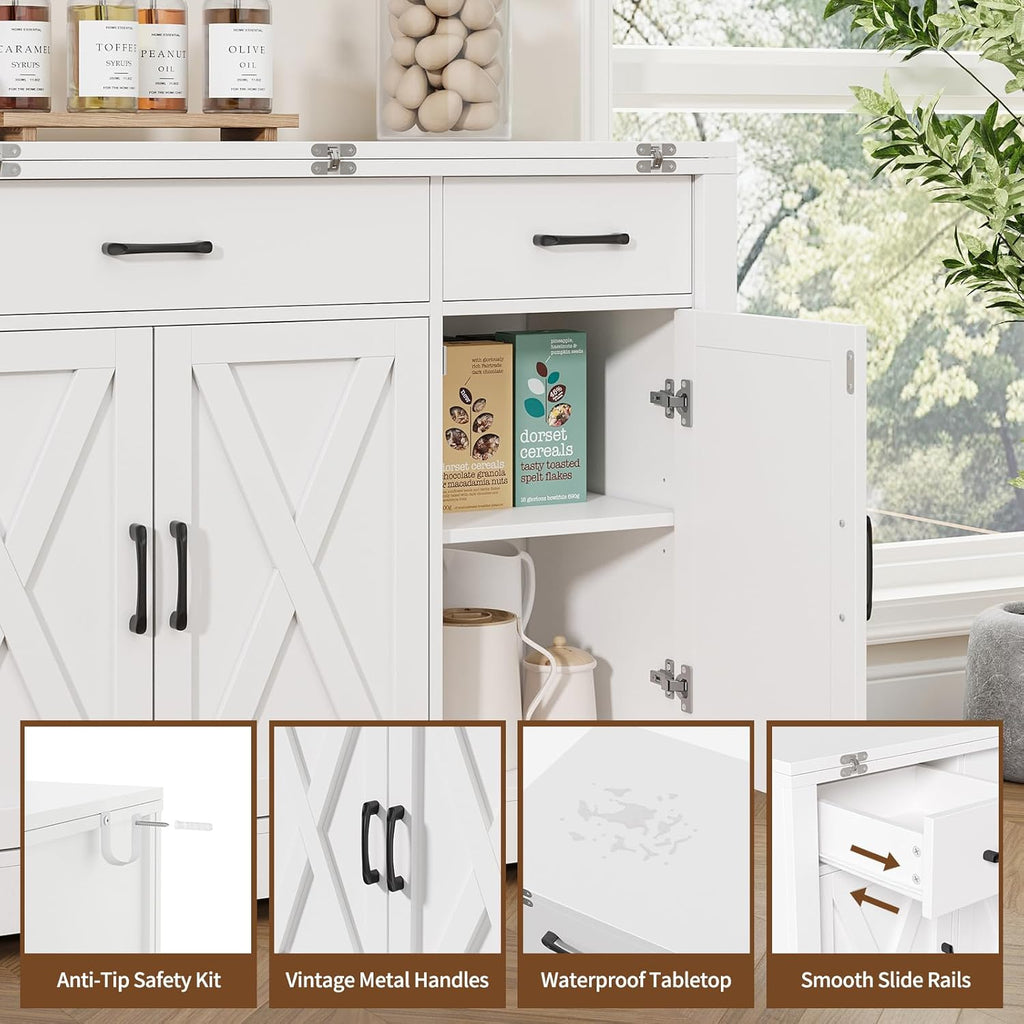 Yanosaku 55" Extendable Buffet Cabinet, Modern Farmhouse Kitchen Sideboard with 3 Drawers & Adjustable Shelves, Space-Saving Storage Credenza for Apartment, Small Spaces, Living Room, White