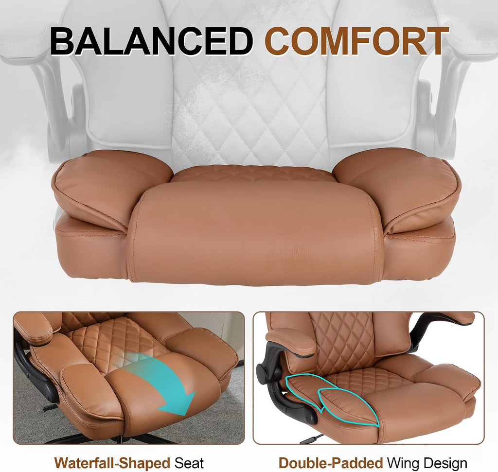 Office Desk Chair,Mid Back Executive Leather Chair,Ergonomic Home Computer Chair,Modern Conference Room Chairs with Adjustable Flip-Up Arms and Rocking Function (Brown)