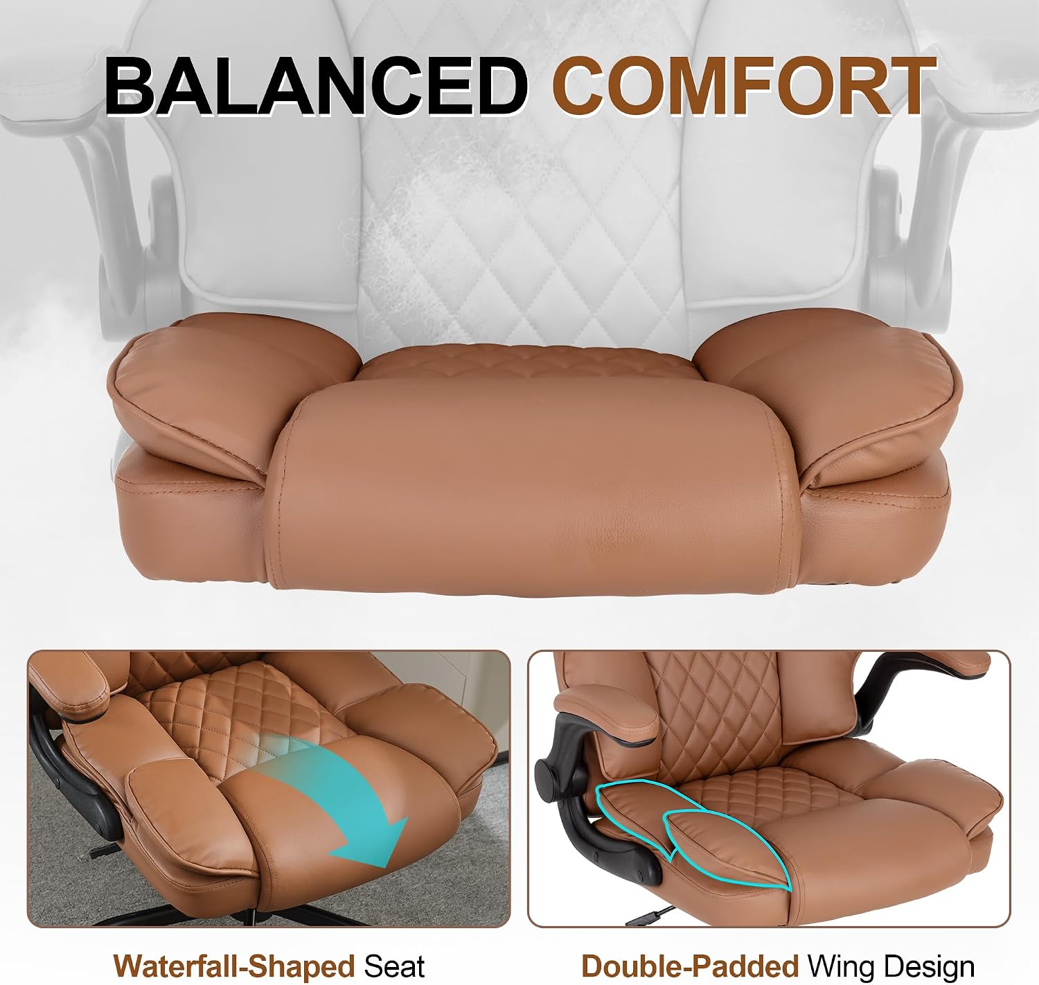 Office Desk Chair,Mid Back Executive Leather Chair,Ergonomic Home Computer Chair,Modern Conference Room Chairs with Adjustable Flip-Up Arms and Rocking Function (Brown)