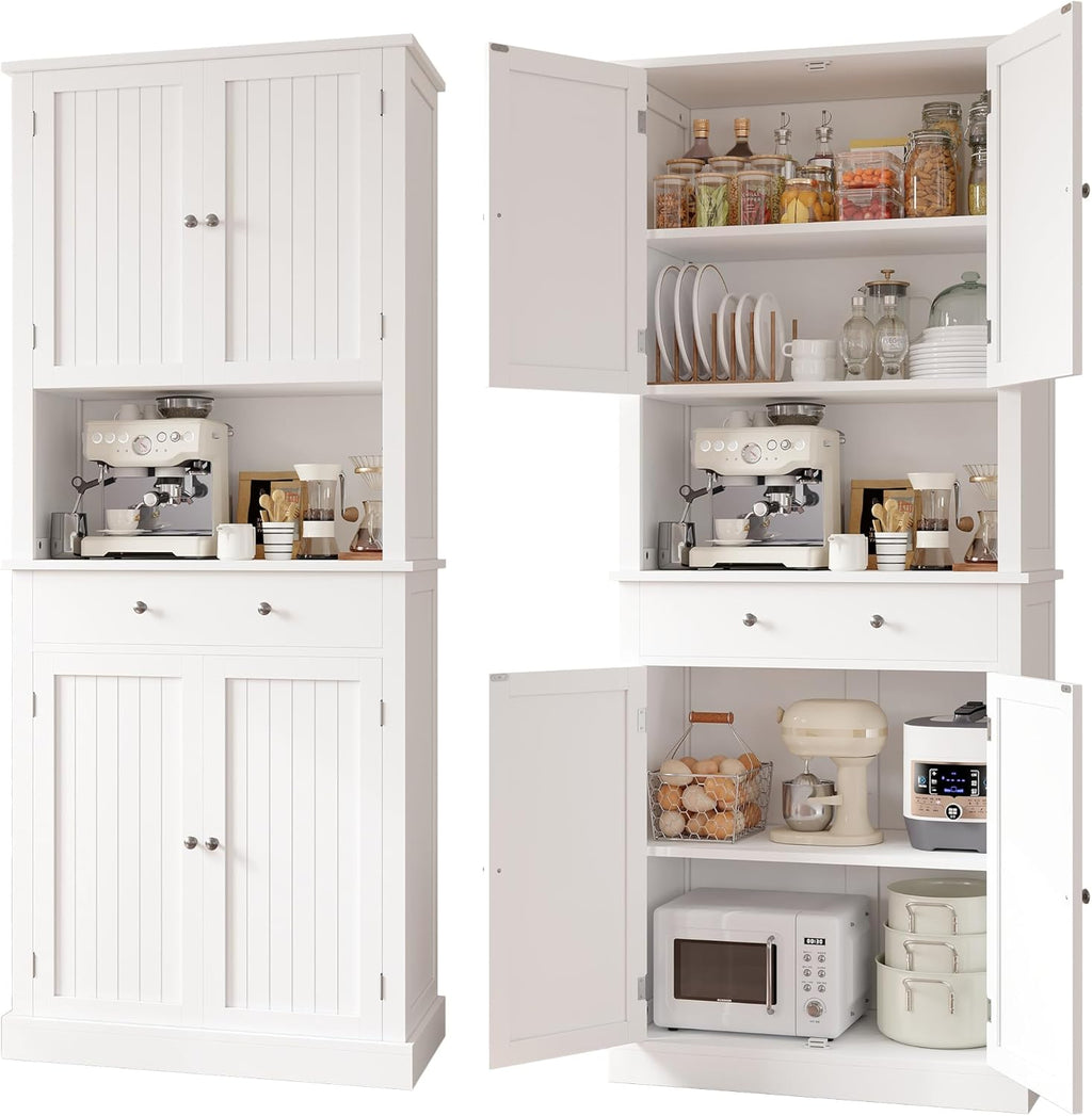 Apicizon 71’’ Tall Kitchen Pantry Storage Cabinet, Modern Kitchen Hutch Bar Cabinet with Microwave Stand & 3 Adjustable Shelves, Cupboard with Deep Drawer, Wood Buffet Sideboard for Dining Room, White