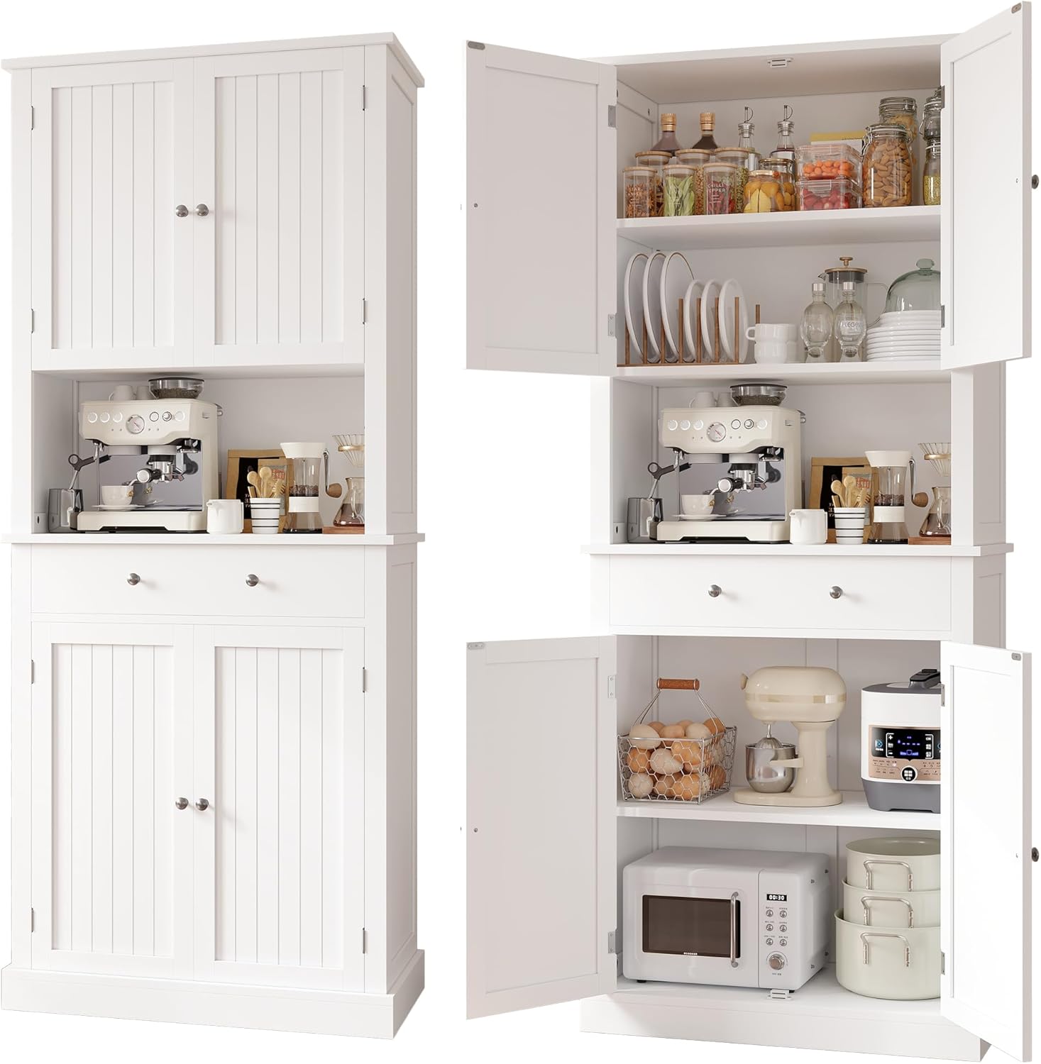 Apicizon 71’’ Tall Kitchen Pantry Storage Cabinet, Modern Kitchen Hutch Bar Cabinet with Microwave Stand & 3 Adjustable Shelves, Cupboard with Deep Drawer, Wood Buffet Sideboard for Dining Room, White