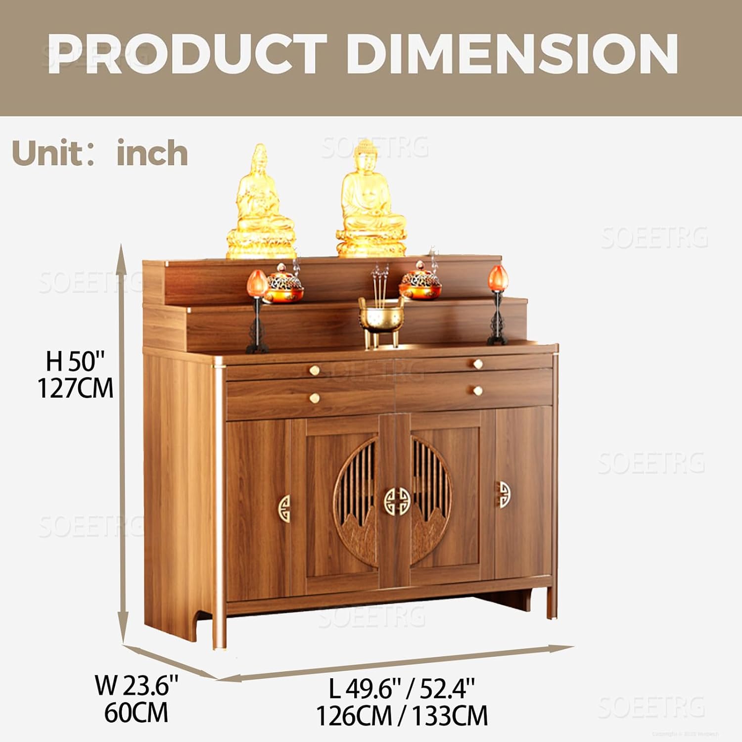 Wood Prayer Altar Table with Storage Cabinet and Drawer, Chinese Buddha Shrine Display Stand, Buddhist Decorative Side Table for Living Room (Wood, 50" L x 24" W x 50" H)