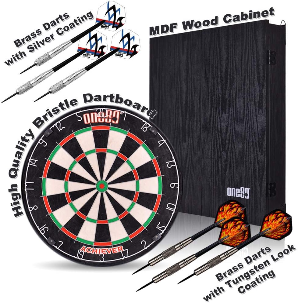 ONE80 All-in-One Dartgame Center with Self-Healing Sisal/Double-Sided Dartboard & Multifunctional Cabinet 6 Steeltip Darts and Mounting Kit Included