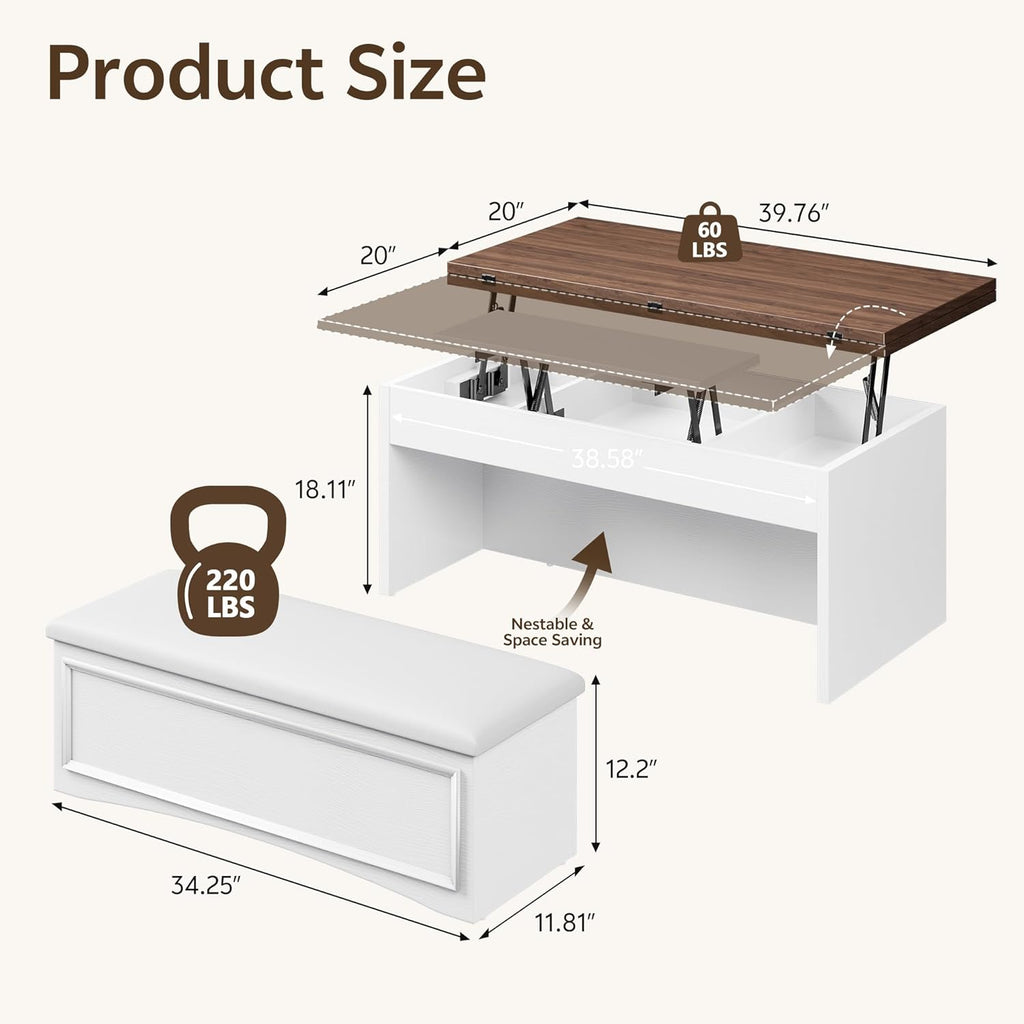 Lift Top Coffee Table Set with Storage Bench, 4-in-1 Convert Gaming/Reading/Dining Table, 40'' Multi-Function Coffe Tables with Hidden Compartment & Open Shelves, for Living Room, White Brown
