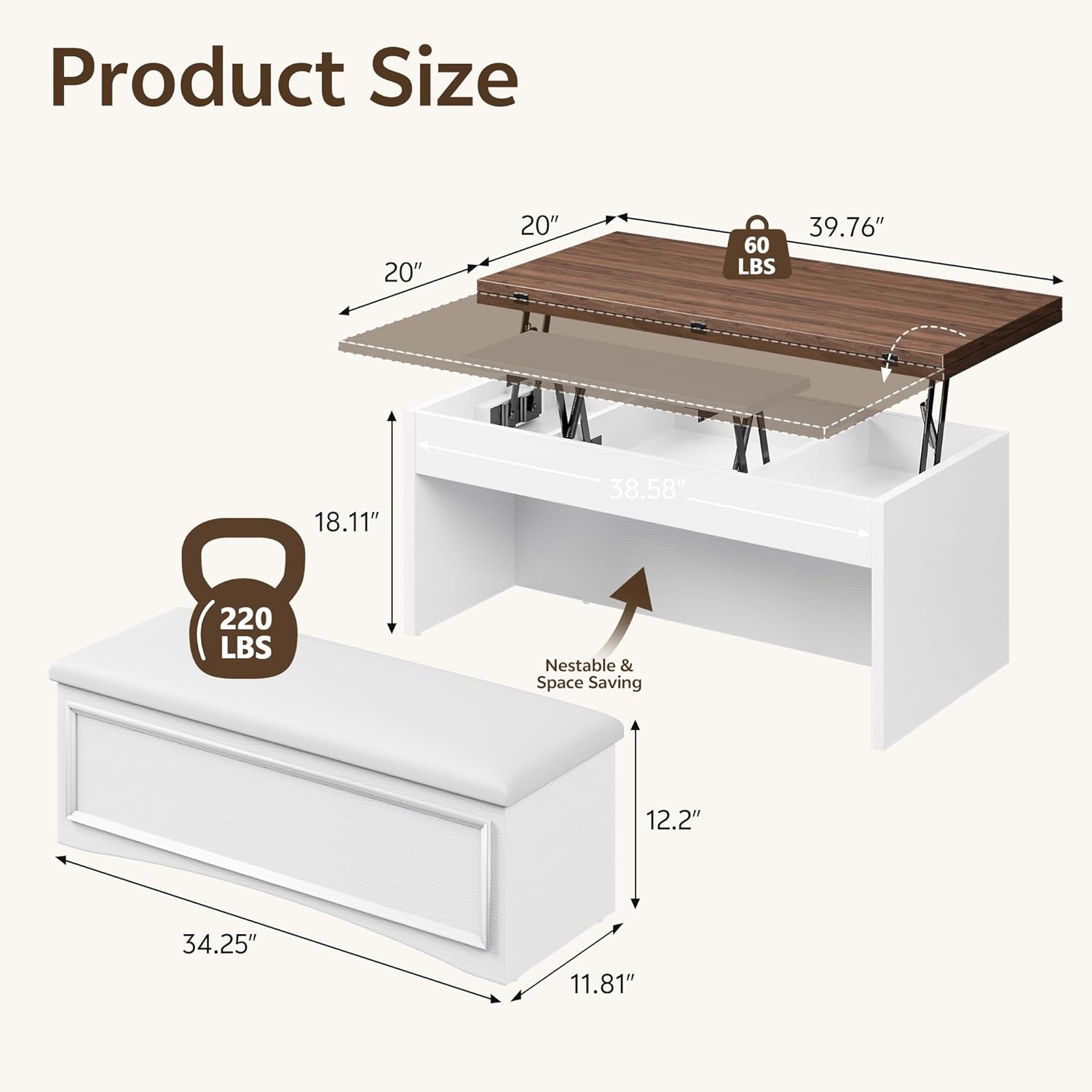 Lift Top Coffee Table Set with Storage Bench, 4-in-1 Convert Gaming/Reading/Dining Table, 40'' Multi-Function Coffe Tables with Hidden Compartment & Open Shelves, for Living Room, White Brown