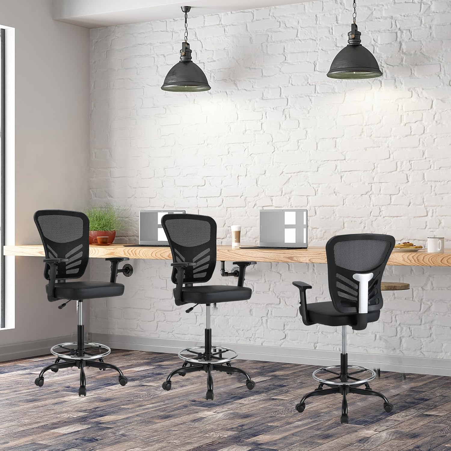 COSTWAY Tall Office Chair, Ergonomic Mesh Back Counter Height Standing Desk Chair w/Adjustable Footrest & Armrests, Rolling Height Adjustable Computer Drafting Chair for Home Office, Black