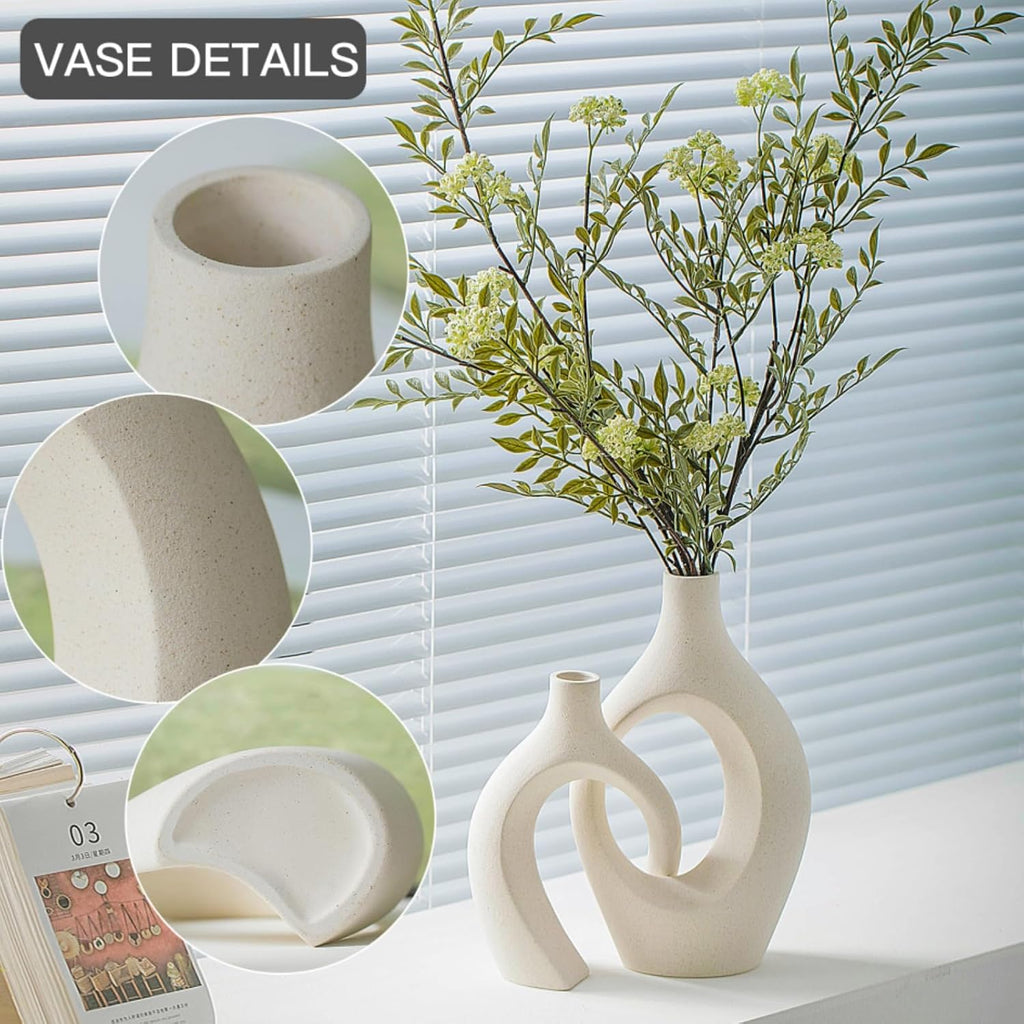 Snuggle Hollow XL Cream White Ceramic Vase Set of 2 for Coffee Table Decor, Modern Minimalist Aesthetic Donut Floral Vases, for Home Living Room Entryway Table Shelves Decorative (W 6.8" X H 11")