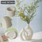 Snuggle Hollow XL Cream White Ceramic Vase Set of 2 for Coffee Table Decor, Modern Minimalist Aesthetic Donut Floral Vases, for Home Living Room Entryway Table Shelves Decorative (W 6.8" X H 11")