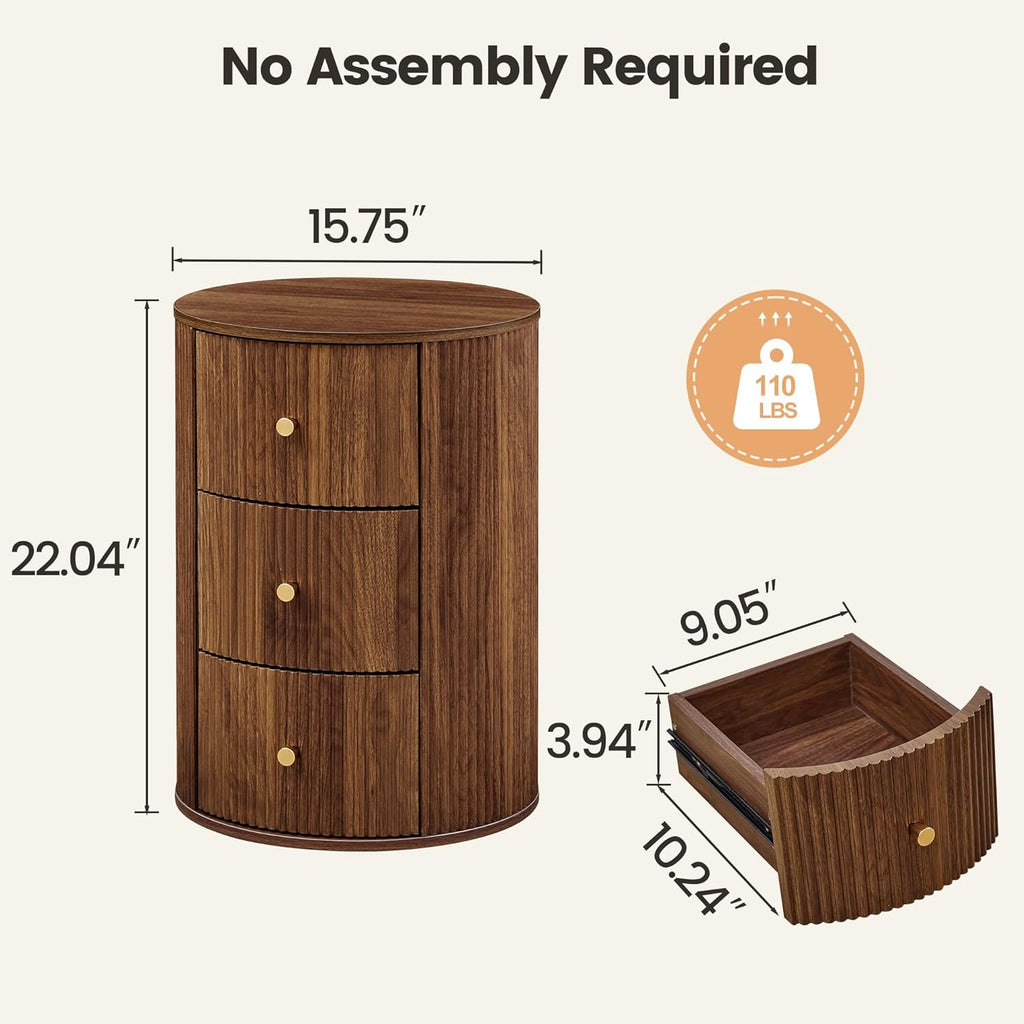 FurSch Fully Assembled Round End Table, Fluted Mid Century Side Table with 3 Storage Drawers for Living Room, Bedroom, Couch (Walnut-2 pcs)