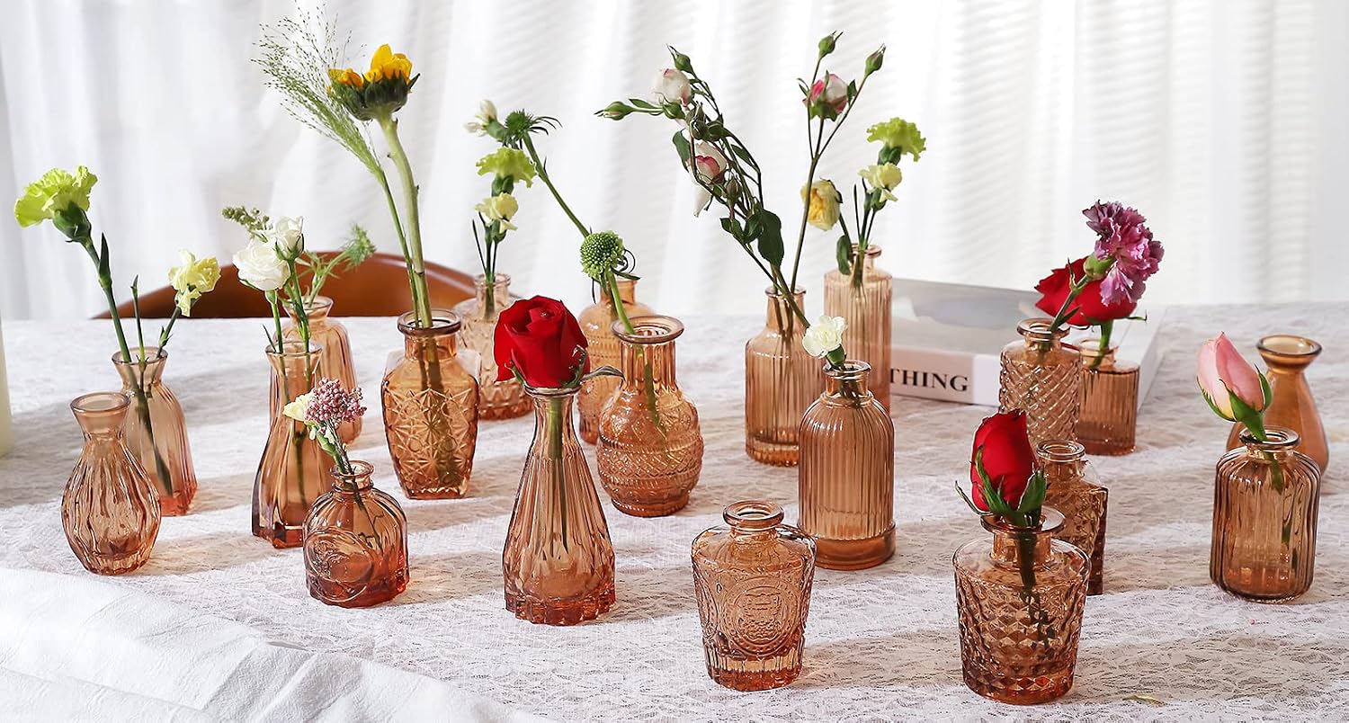 Amber Glass Bud Vases -Set of 20 for Flowers, Small Amber Bud Vases in Bulk for Centerpieces Decor, Mini Glass Set for Home Table Decorations