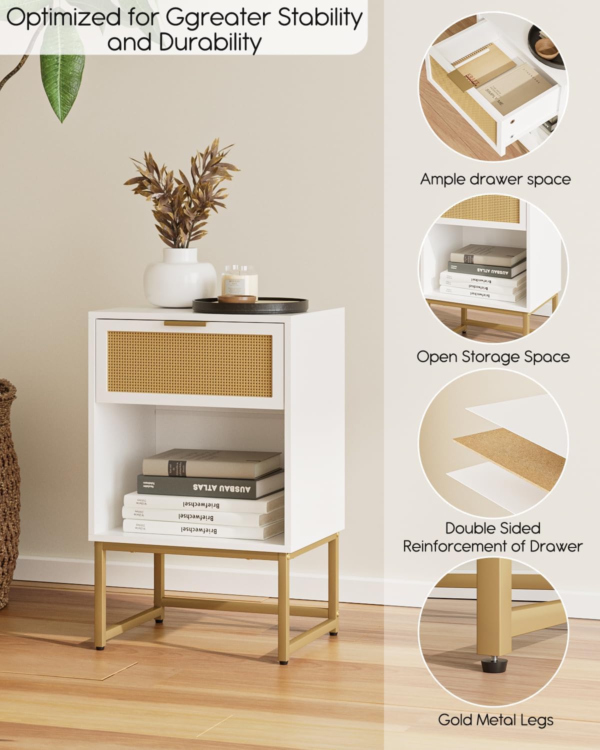 Masupu Rattan Nightstand,Modern Night Stand Boho Farmhouse Wood Bedside Table with Storage Drawer Side End Table for Bedroom,Living Room, White