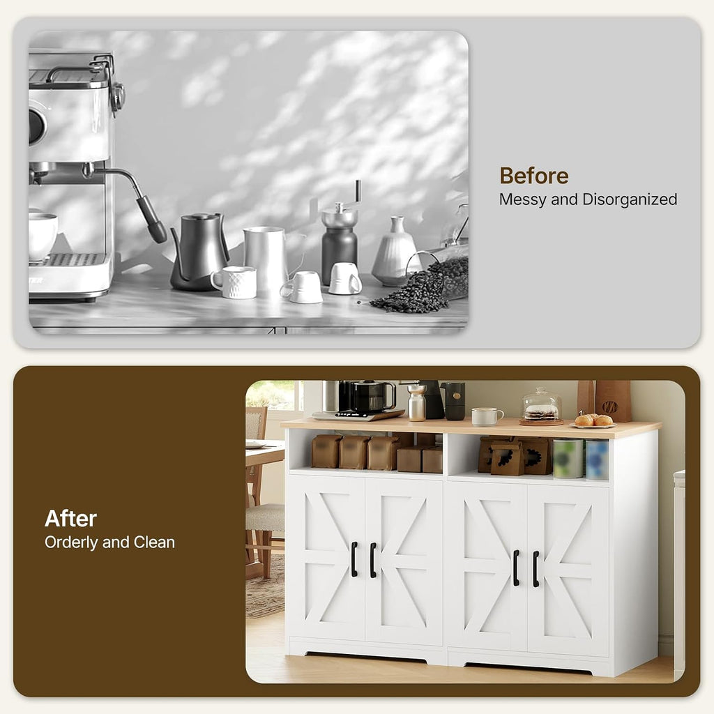 YATINEY Coffee Bar Cabinet, Kitchen Island with Storage, Farmhouse Sideboard Buffet Cabinet with Dual-Purpose Floating Shelf and Hooks, for Restaurant, Living Room, White and Natural KF32WN