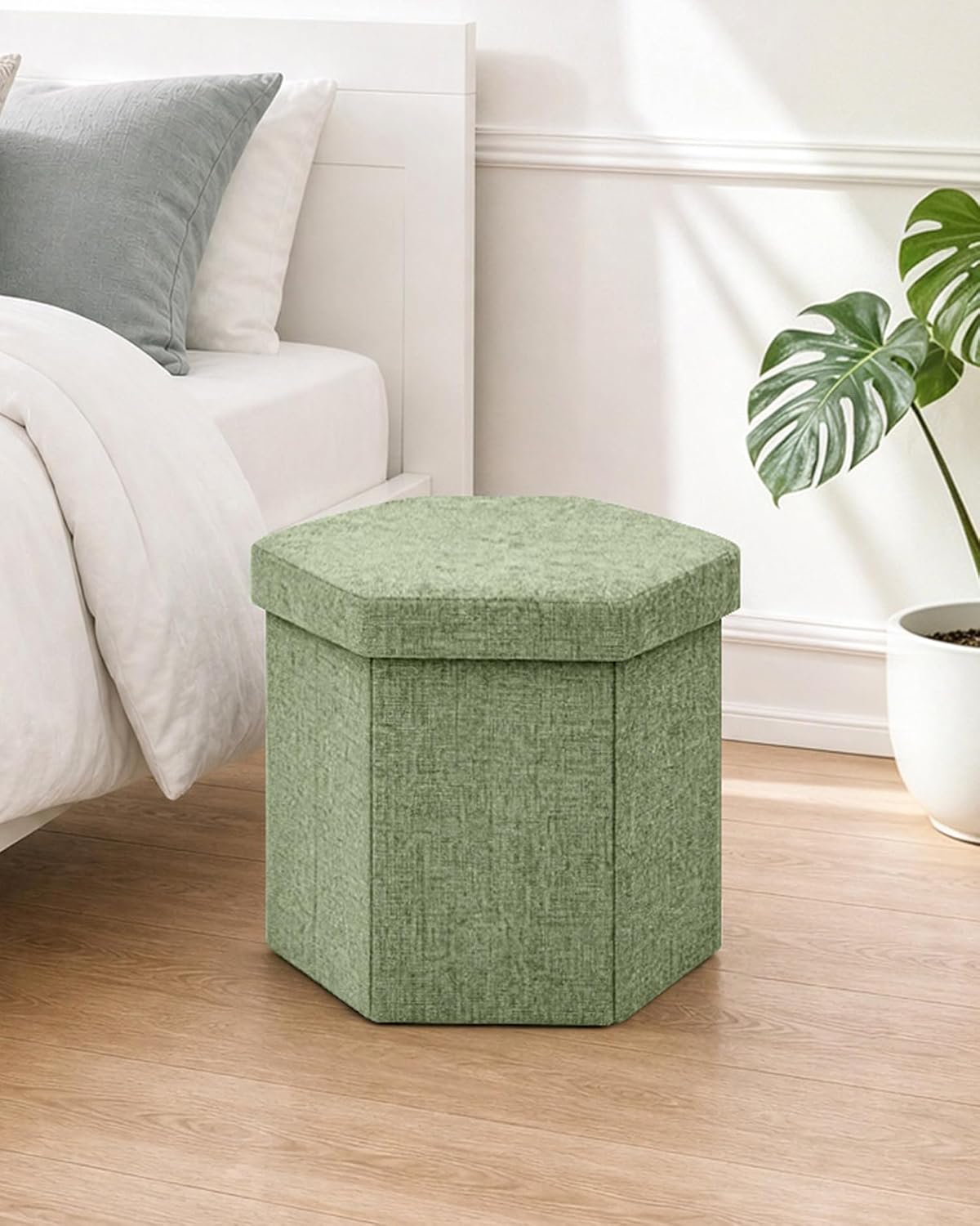 B FSOBEIIALEO Storage Ottoman Cube Hexagonal Pouf Ottomans, Foot Rest Seat for Sofa Footrest Entryway Shoe Footstool for Living Room/Bedroom/Entrway Chenille Green 16.93"x15"x15"
