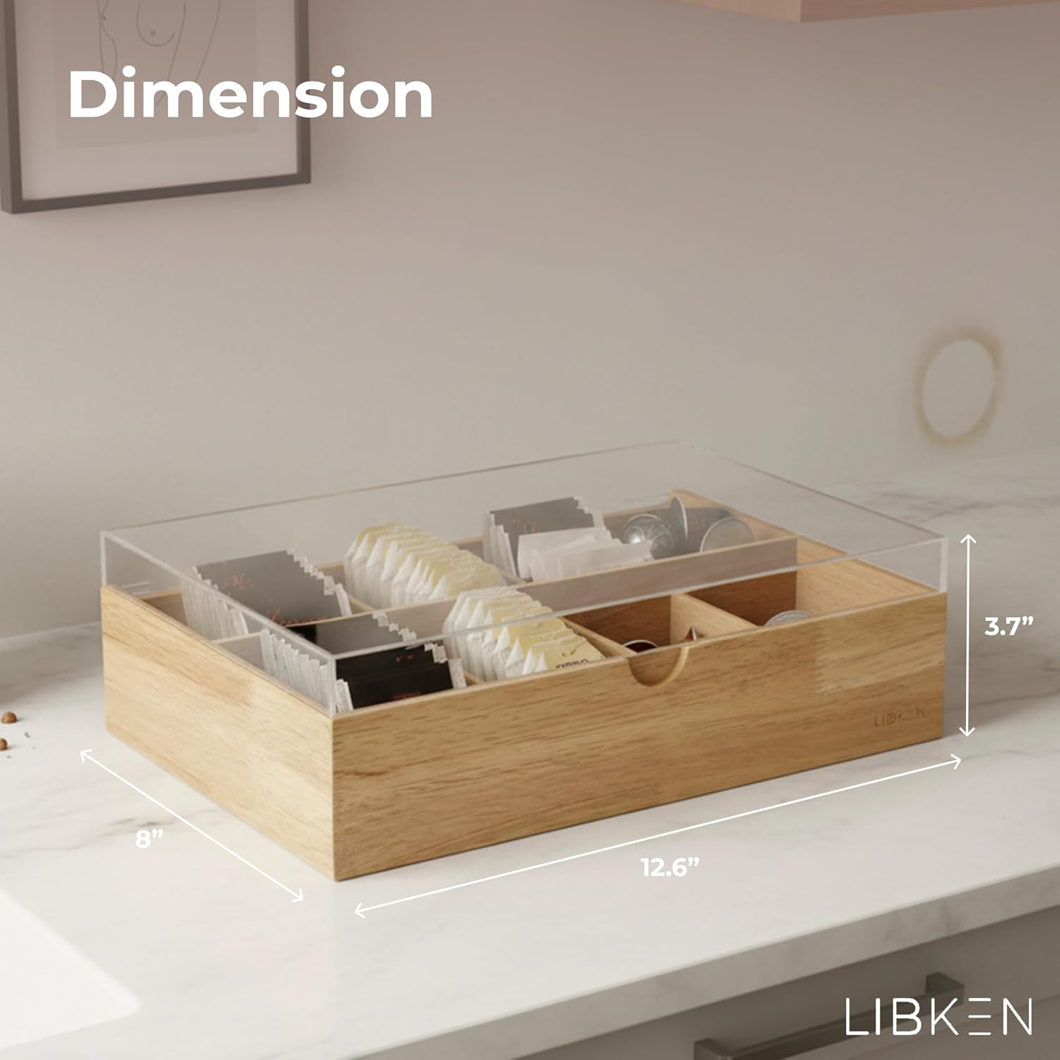LIBKEN Wooden Tea Bag Organizer Box – 8 Compartment Tea Storage with Clear Lid – Minimalist Scandinavian Design – Versatile Wooden Tea Box for Tea Bags, Jewelry, Crafts, Office & Countertop Storage