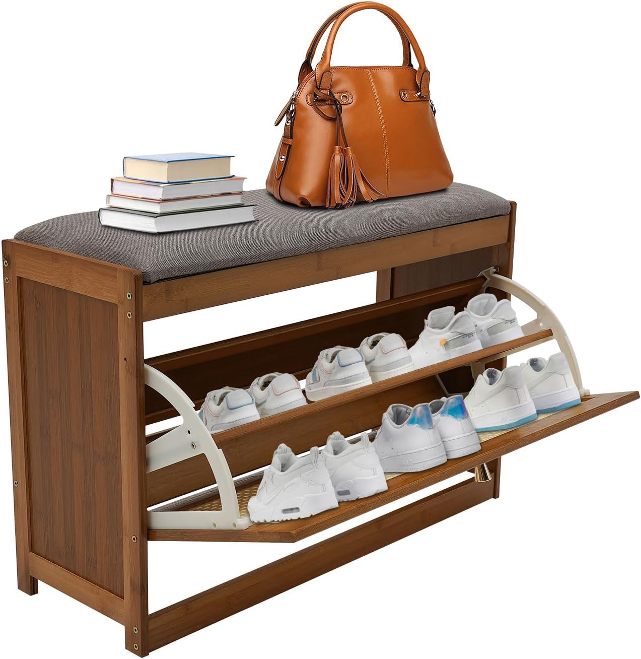 Shoe Storage Stool, 2-Tier Adjustable Shoe Bench with Seat Cushion,Large Capacity Free Standing Shoe Storage Stool Shoe Rack Organizer Cabinet,Shoe Stool for Entryway,220 lbs Load (Dark Brown)