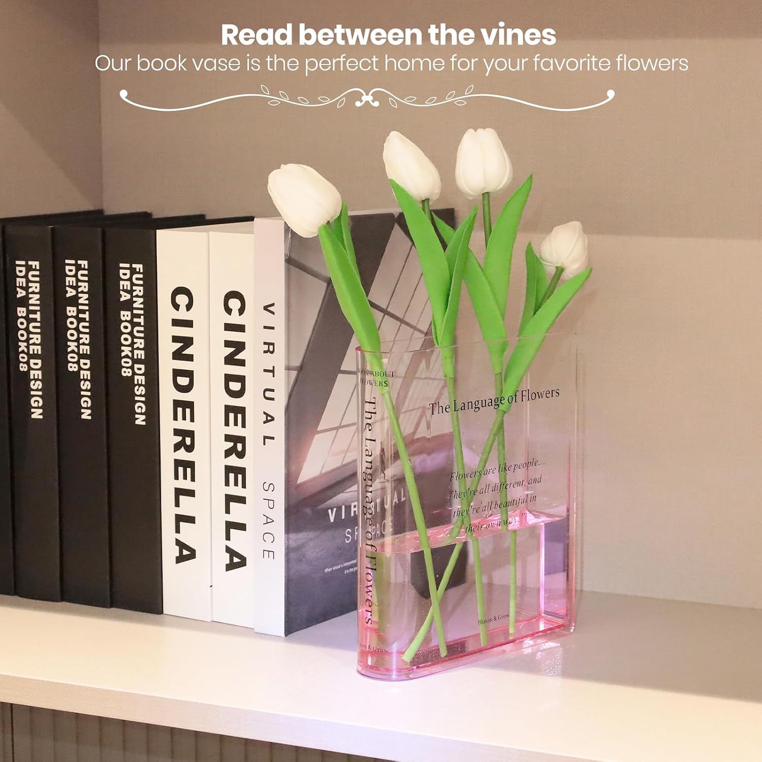 Alpharan Pink Book Vase, Acrylic Clear Book-Shaped Flower Vase | Simplicity Bookshelf Decor,Unique Stuff for Book Lovers,Home Decor,Book Club Gifts,Decorative Accent,Modern Style