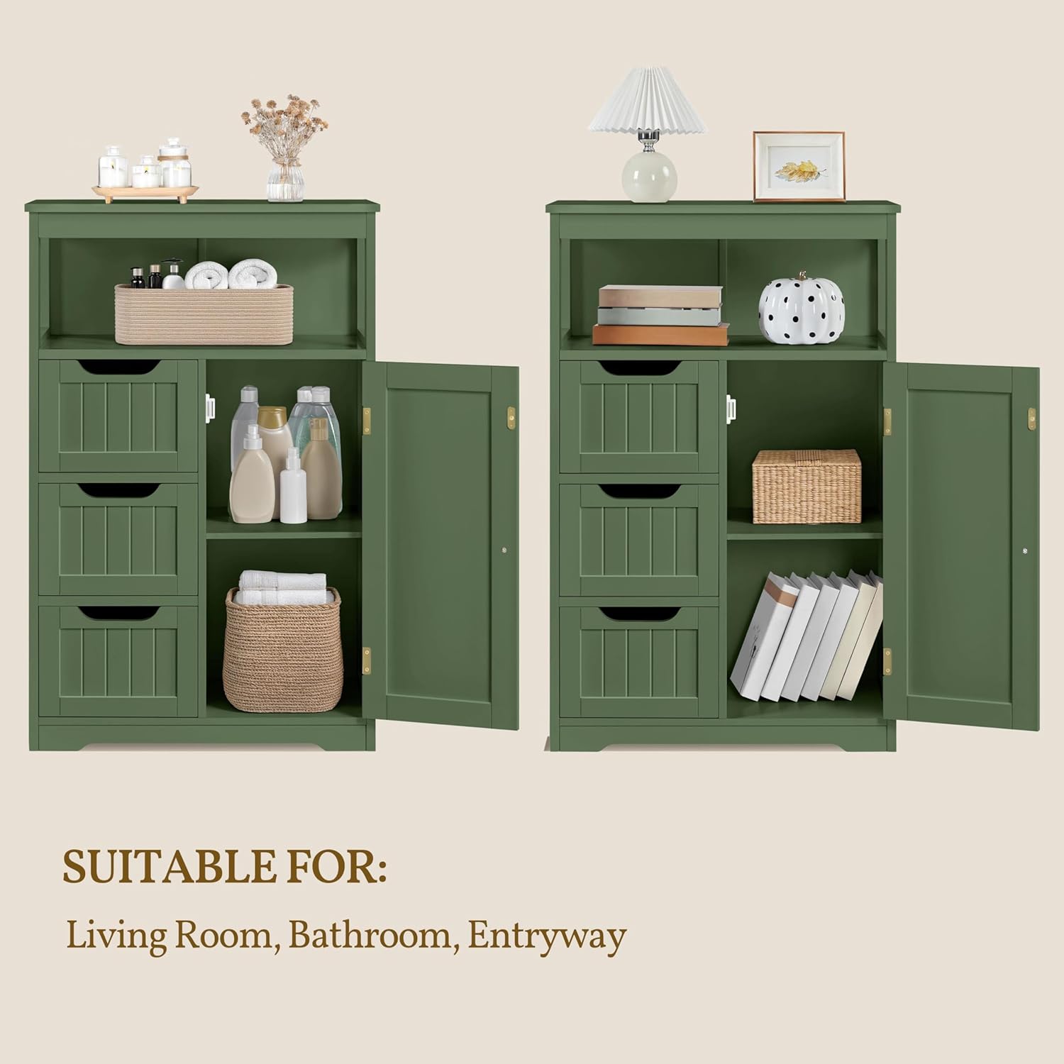 Yaheetech Bathroom Storage Cabinet, Storage Organizer with 1 Door and 3 Drawers, Adjustable Shelf, Free-Standing Floor Cabinet Cupboard for Kitchen/Living Room/Bathroom, Green