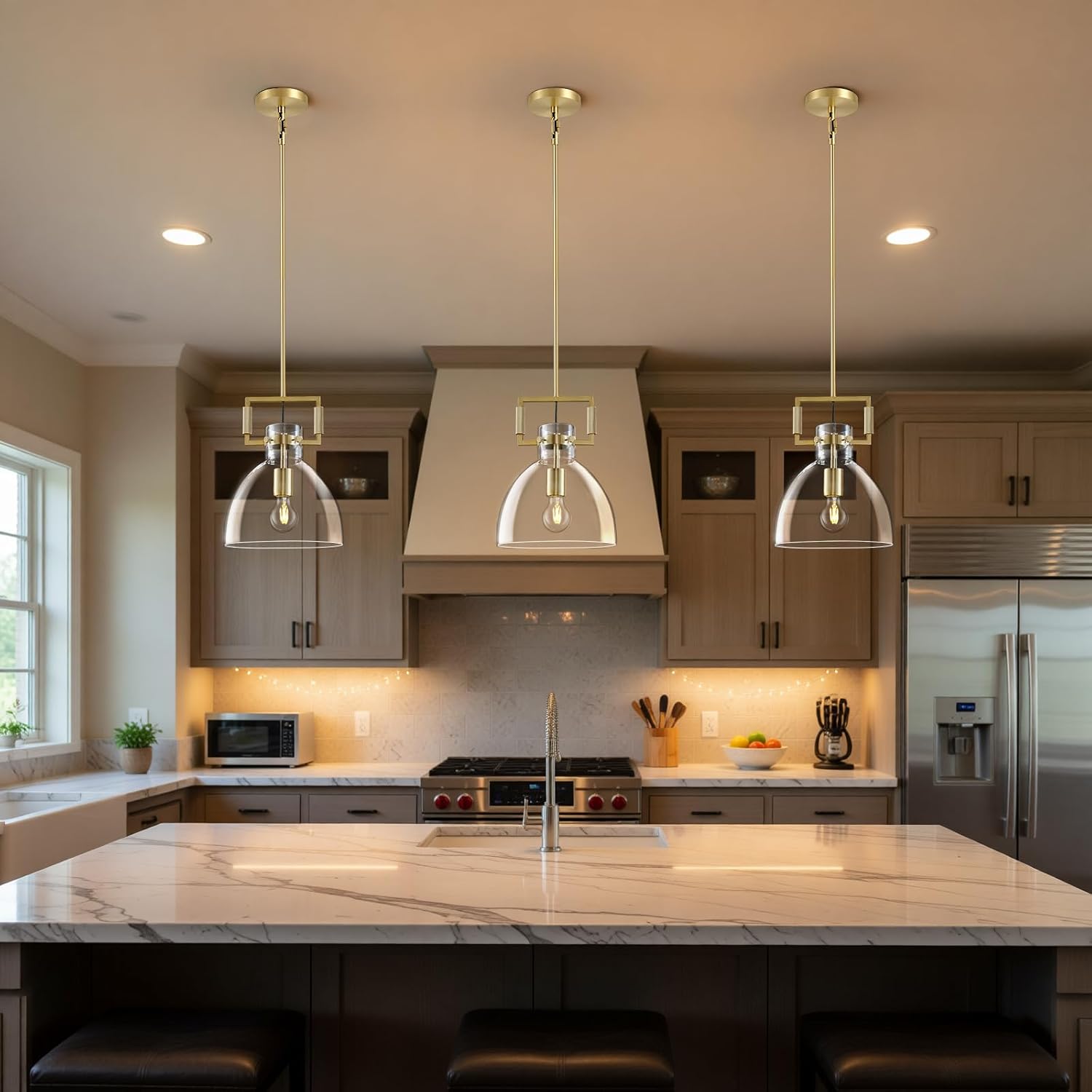 Modern Large Brass Kitchen Island Pendant Light, 10 '' W 1-Light Glass and Gold Island Pendant Lights,Dome Pendant Light, for Kitchen,Dining Room,Bathroom,Bar