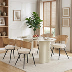 Rattan Dining Chairs Set of 4,Kitchen Chairs with PE Cane Back,Upholstered Boucle Armless Side Chair with Metal Legs for Dining Room/Living Room,Beige White