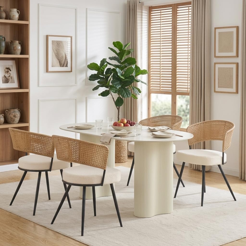 Rattan Dining Chairs Set of 4,Kitchen Chairs with PE Cane Back,Upholstered Boucle Armless Side Chair with Metal Legs for Dining Room/Living Room,Beige White