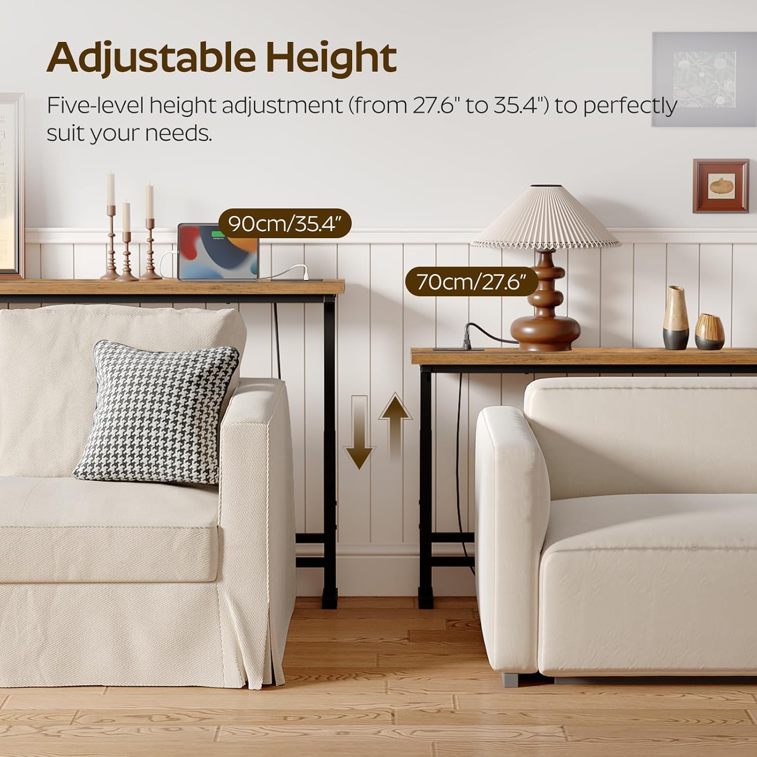 YATINEY 78.7" Console Table with Adjustable Height (27.6"-35.4") and Power Outlet, Skinny Behind Couch Table, Narrow Long Sofa Table for Living Room, Hallway, Entryway, Rustic Brown and Black CT09UBR