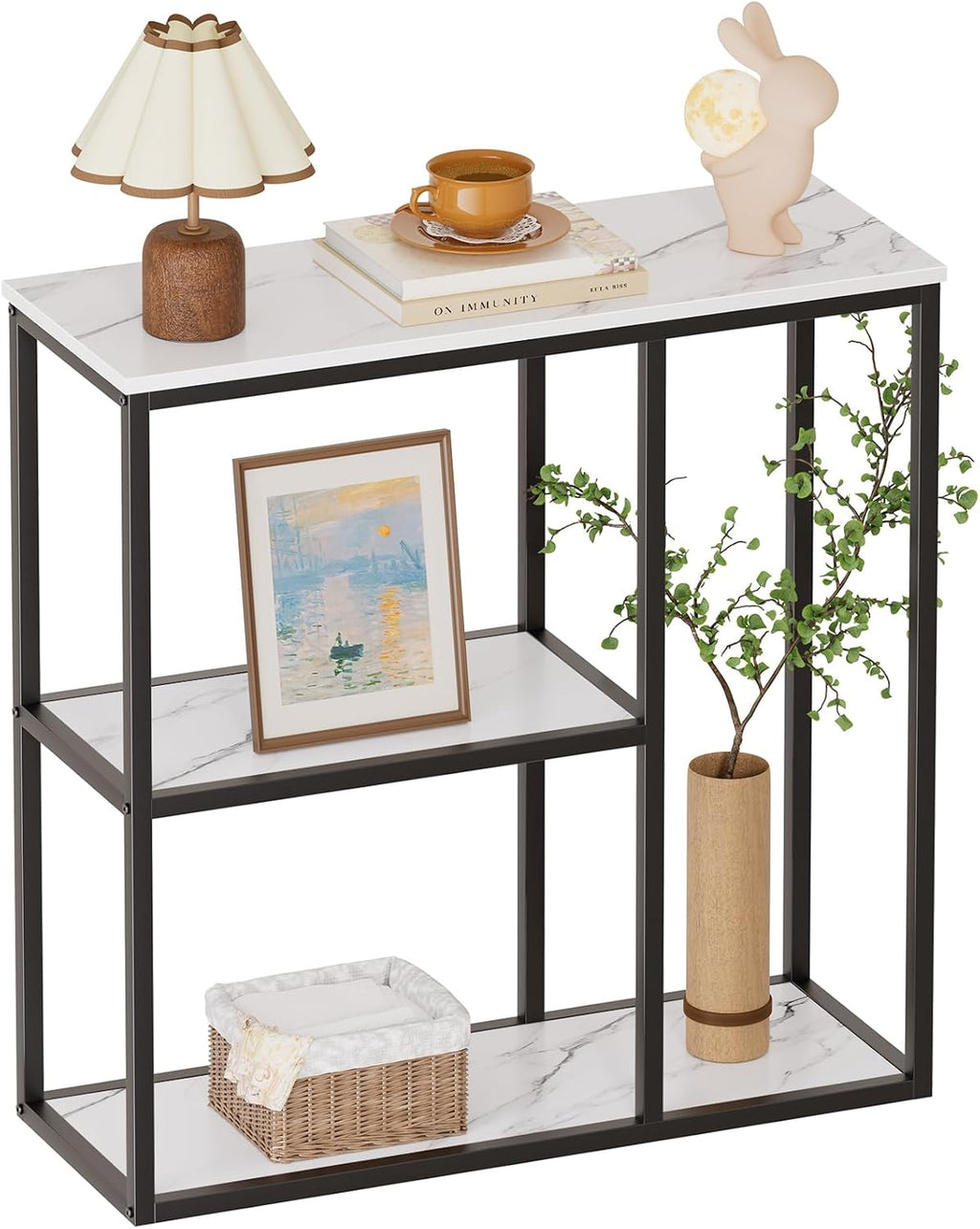 WOHOMO Console Table, 12 Inch Narrow Entryway Table for Living Room, 31.5 Inch Modern Industrial Sofa Table with 3-Tier Storage Shelves for Corridor, Hallway, White Marble