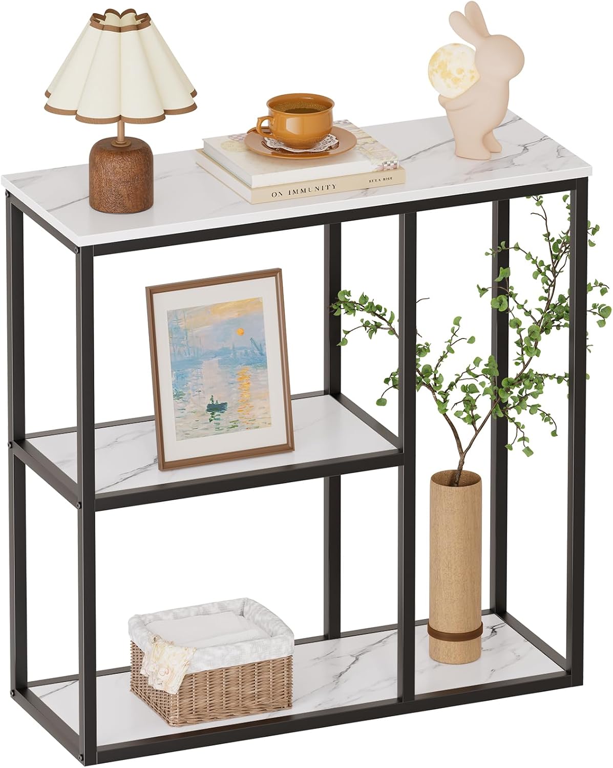 WOHOMO Console Table, 12 Inch Narrow Entryway Table for Living Room, 31.5 Inch Modern Industrial Sofa Table with 3-Tier Storage Shelves for Corridor, Hallway, White Marble