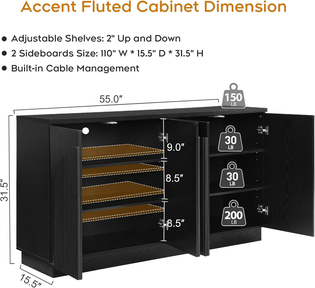 Black Fluted Sideboard Buffet Cabinet Set of 2 with Arched Reeded Doors, 110 Inch Extra Long Mid Century Modern Credenza Accent Storage Cabinet with Adjustable Shelves for Living Room Dining Room