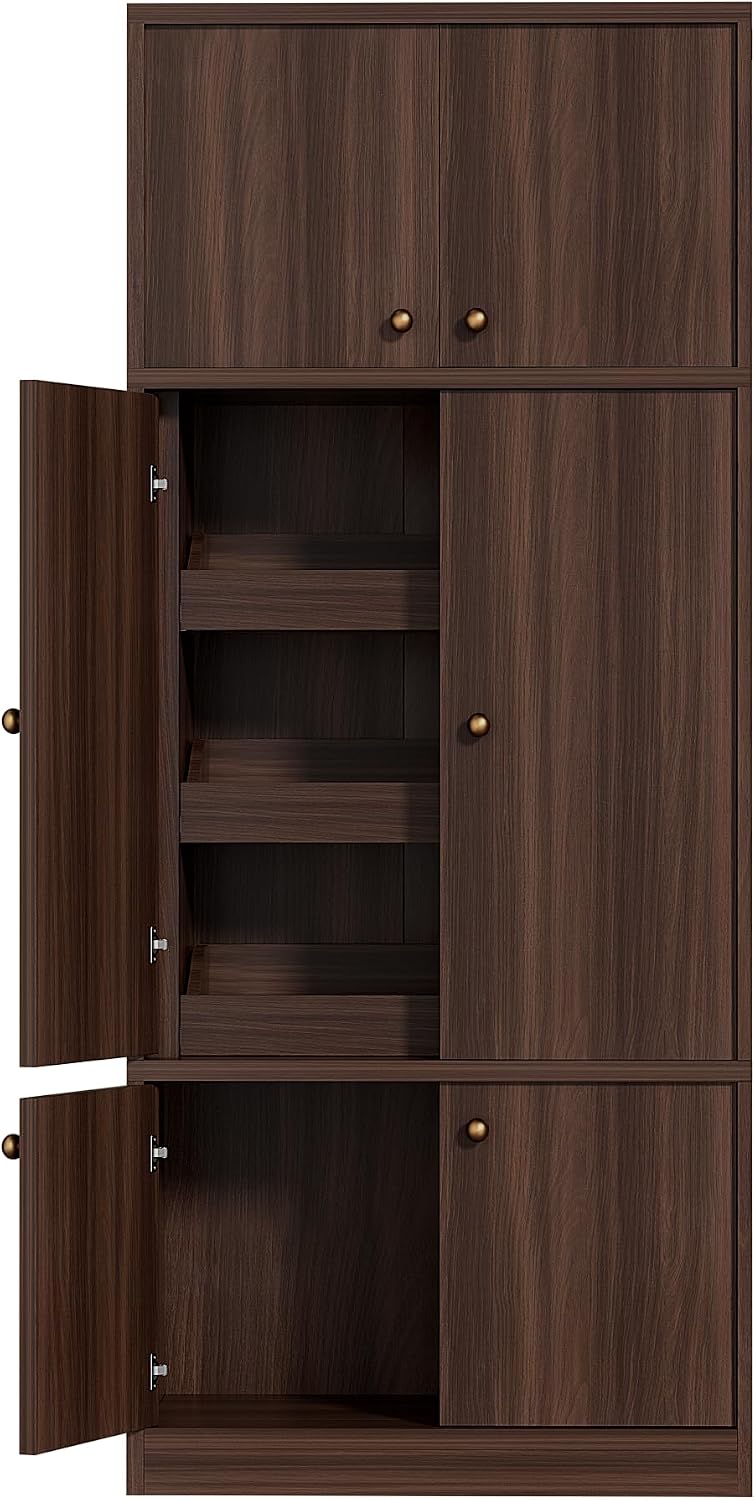 Tall Kitchen Pantry Cabinet 71 Inch, Freestanding Storage Cabinet with Doors and Adjustable Shelves, E1-Grade Wood, Walnut Finish for Kitchen Pantry Storage