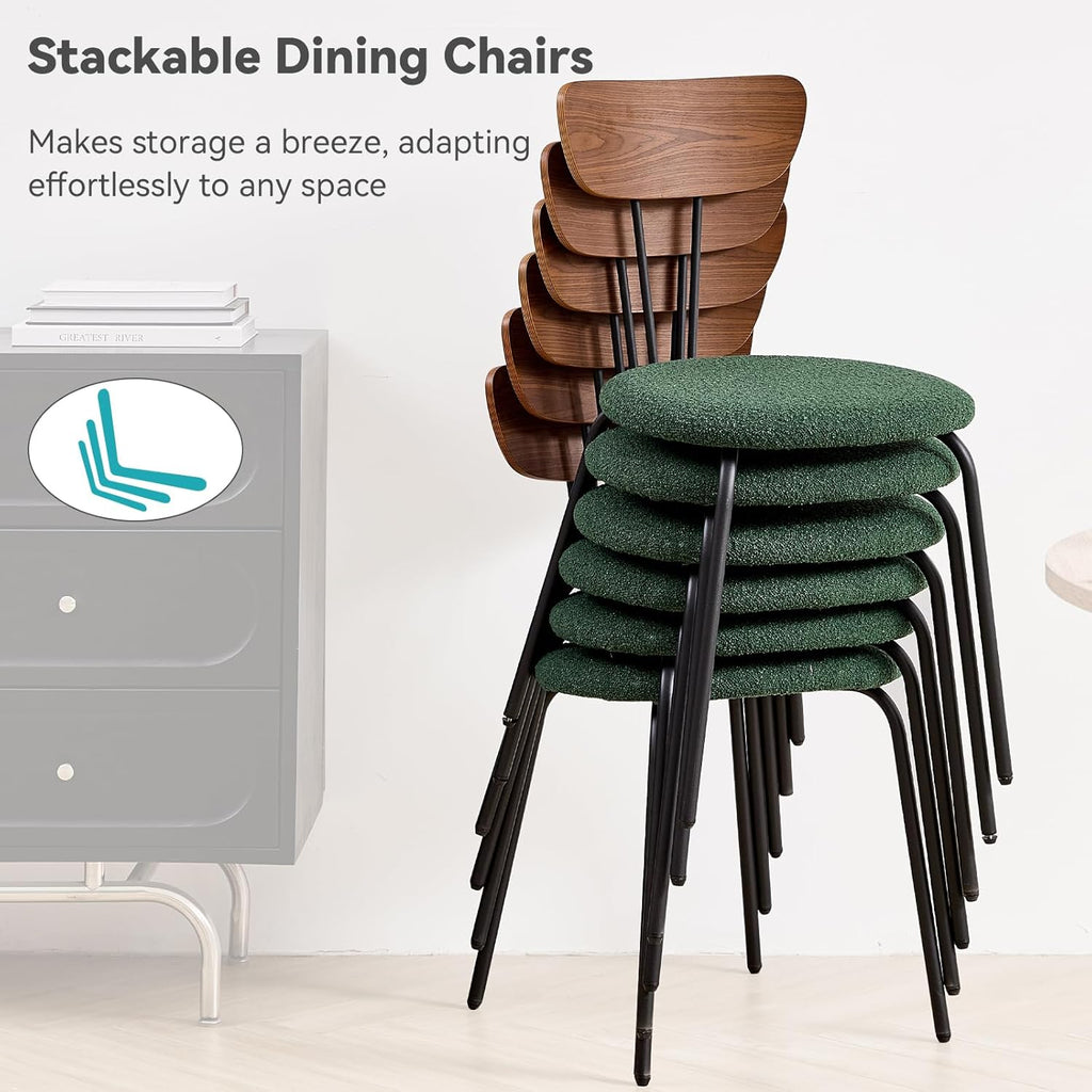 Stackable Dining Chair Set of 4, Small Modern Kitchen Chair with Solid Wood Back, Space Saving Chairs for Apartment Living Room, Green