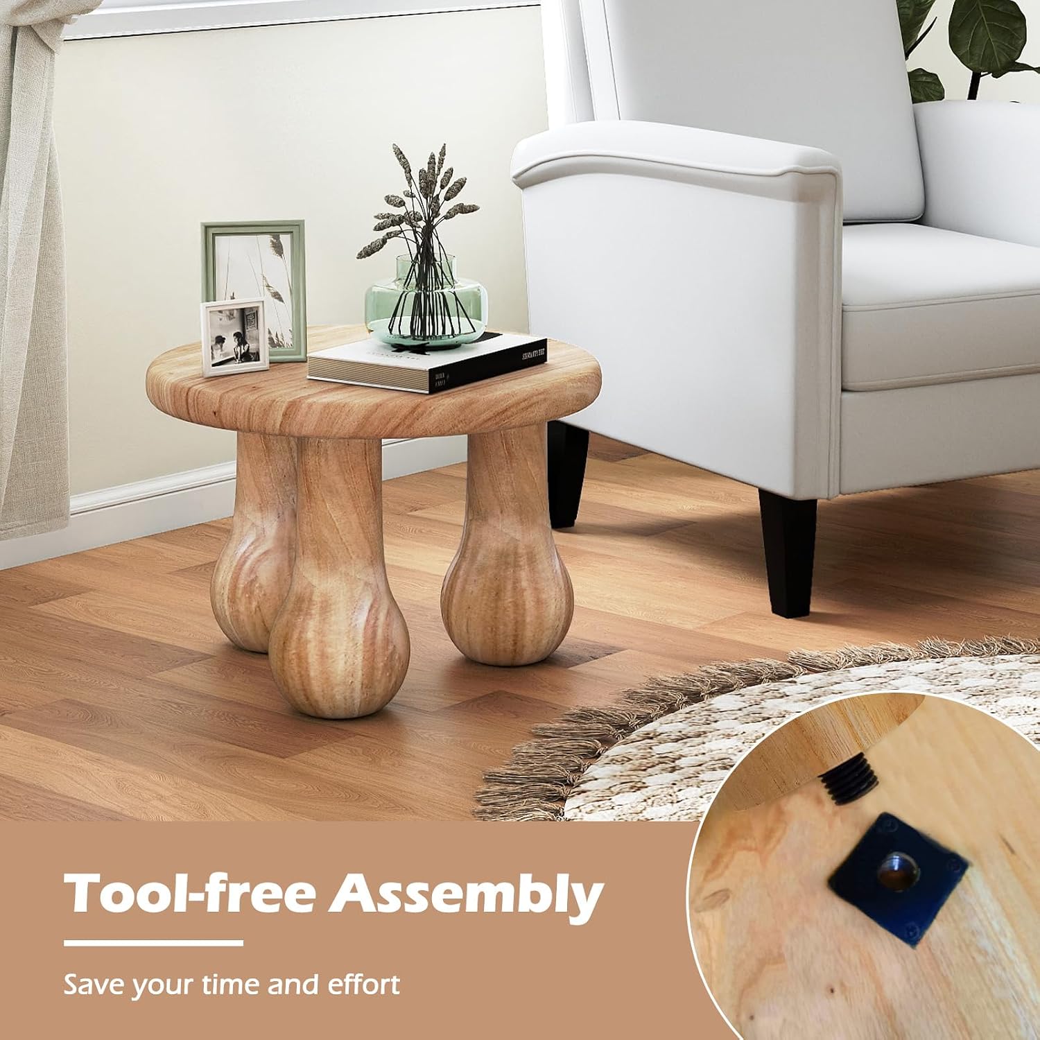 Tangkula Round Side Table, 24” Mahogany Wood Couch Bedside Farmhouse Sofa End Table with Thickened Top & Column Legs, for Bedroom, Backyard, Balcony