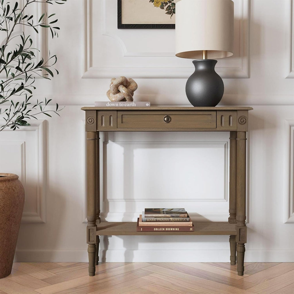 East at Main Marisol Slim Console Table, Brown Wood Finish, 31.5” Narrow Entryway Table, 8” Deep Hallway or Sofa Table with Drawer & Shelf
