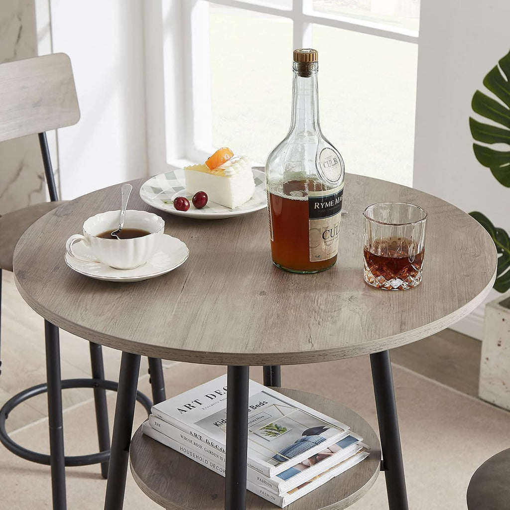 3-Piece Dining Table Set for 2, Small Round Kitchen Table with 2 Chairs, Counter Height Bar Table with Storage, Pub Table and PU Upholstery Stools for Small Space, Apartment, Bistro-Grey