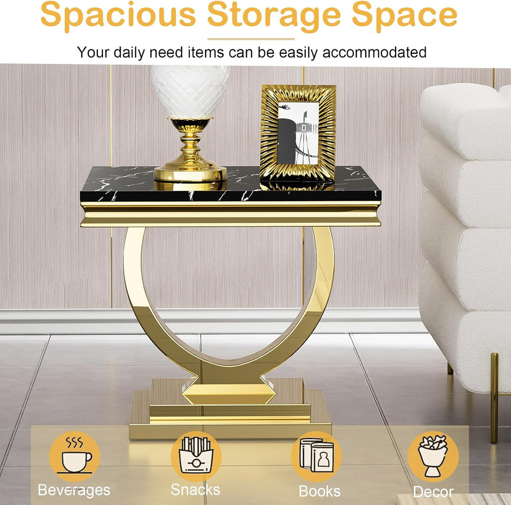 Modern Marble End Table, 22.8" Square Black Side Tables with Gold Stainless Steel O-Shaped Base, Faux Marble End Table Nightstand Bedside Tables for Living Room Bedroom Office