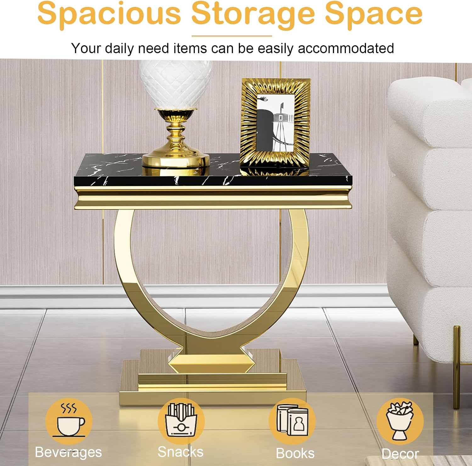 Modern Marble End Table, 22.8" Square Black Side Tables with Gold Stainless Steel O-Shaped Base, Faux Marble End Table Nightstand Bedside Tables for Living Room Bedroom Office