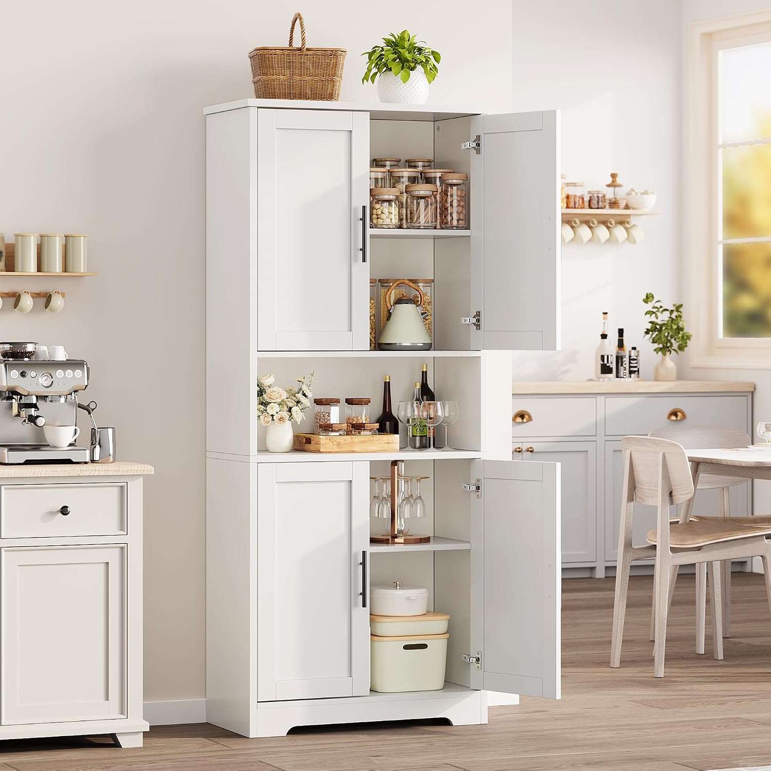 70" Kitchen Pantry Storage Cabinet, Freestanding Buffet Cabinet with Microwave Stand & 4 Door Shelves, Kitchen Hutch with Doors, Adjustable Shelves and Wine Rack,White.