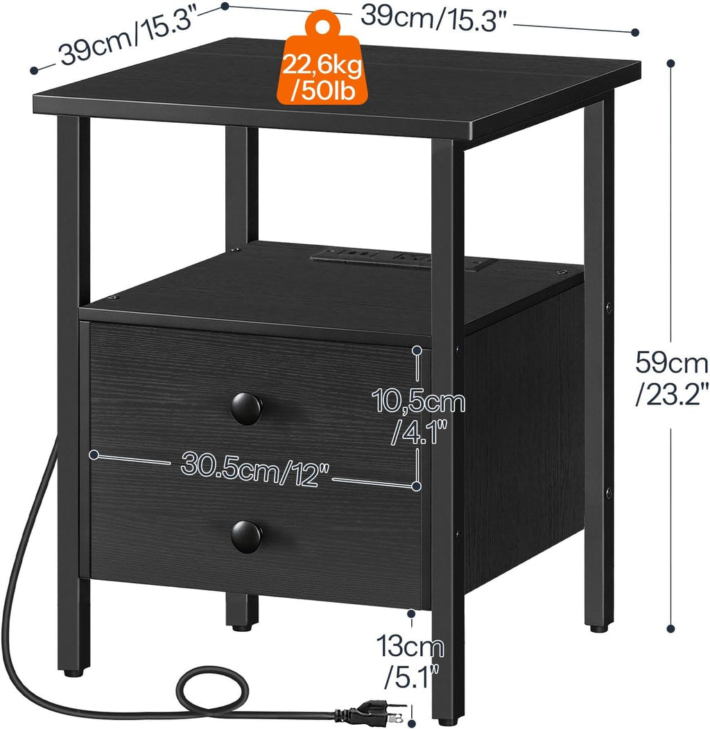 HOOBRO End Table with Charging Station, Bedside Table with 2 Drawer & USB Port & Type-C Port, Nightstand for Small Spaces, Stable and Sturdy, for Living Room, Black BB43UBZ01