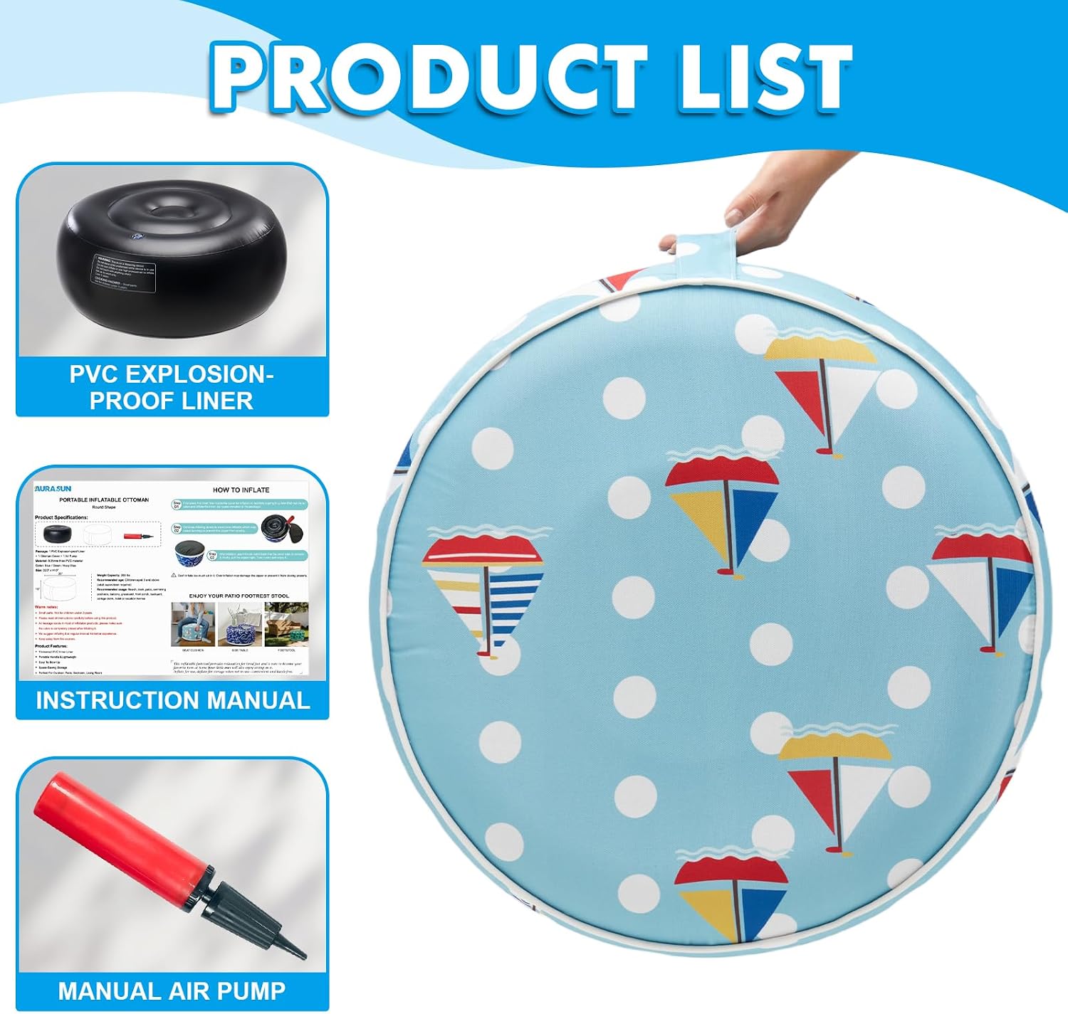 AURASUN Inflatable Outdoor Ottoman Pouf - Portable Footstool with Handle D20” x H10” - Air Pump Included for Outdoor Indoor Use - Comfortable Foot Rest or Seating for Camping or Pool (Light Blue)