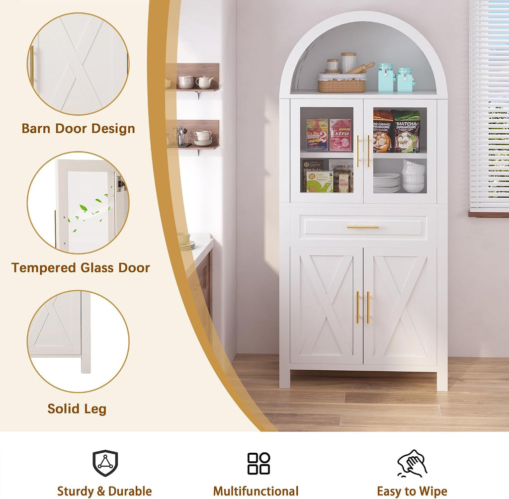 KEIKI 71" Tall Arched Kitchen Pantry Cabinet with Glass Door,Drawer,Farmhouse Storage with Adjustable Shelves Design for Kitchen,Living & Dining Room