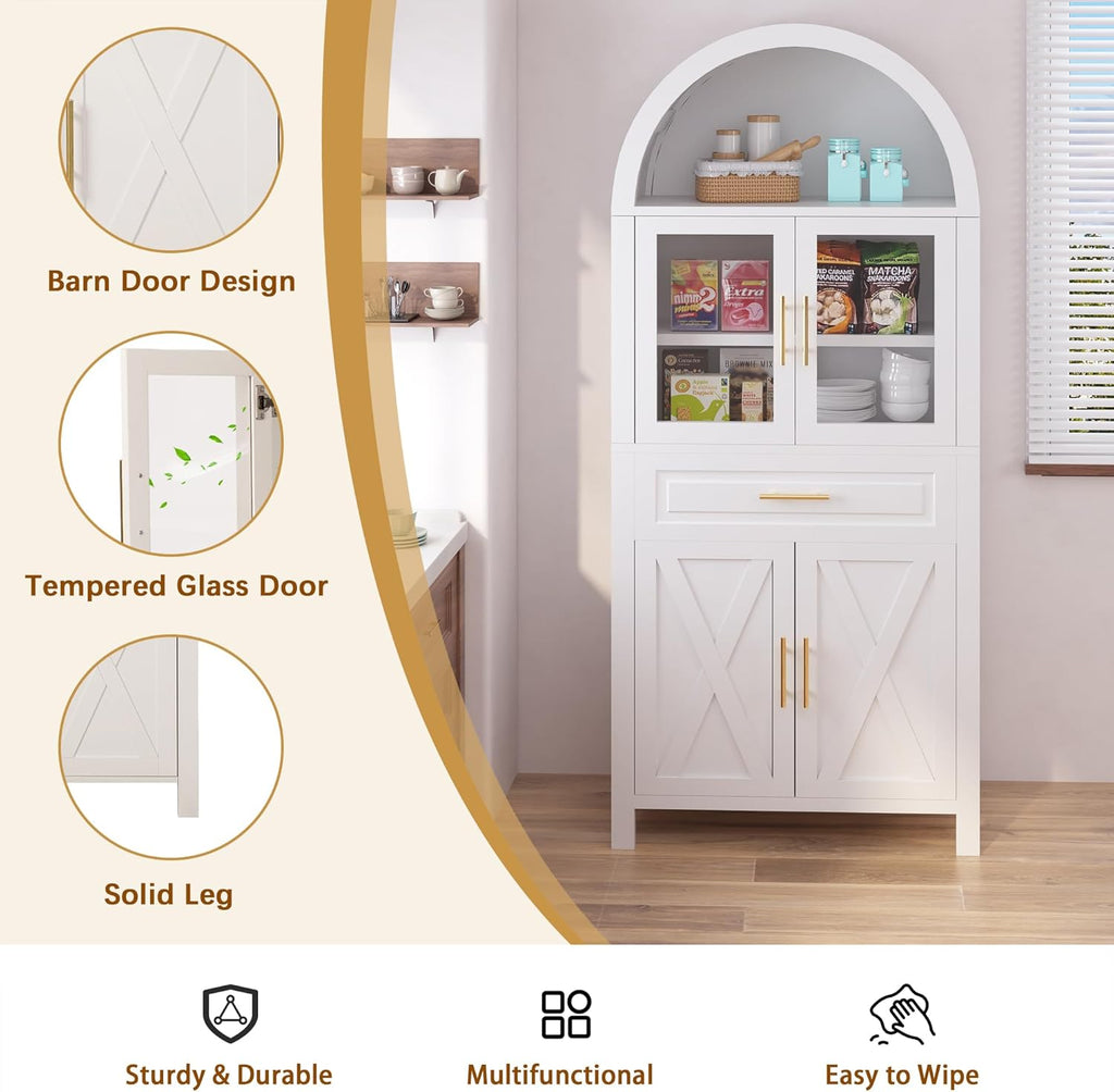 Mirightone 71" Tall Arched Kitchen Pantry, Farmhouse Storage Cabinet, Display Storage with Door Rack, Adjustable Shelves, Versatile Cupboard for Kitchen, Living Room, Dining Room, White