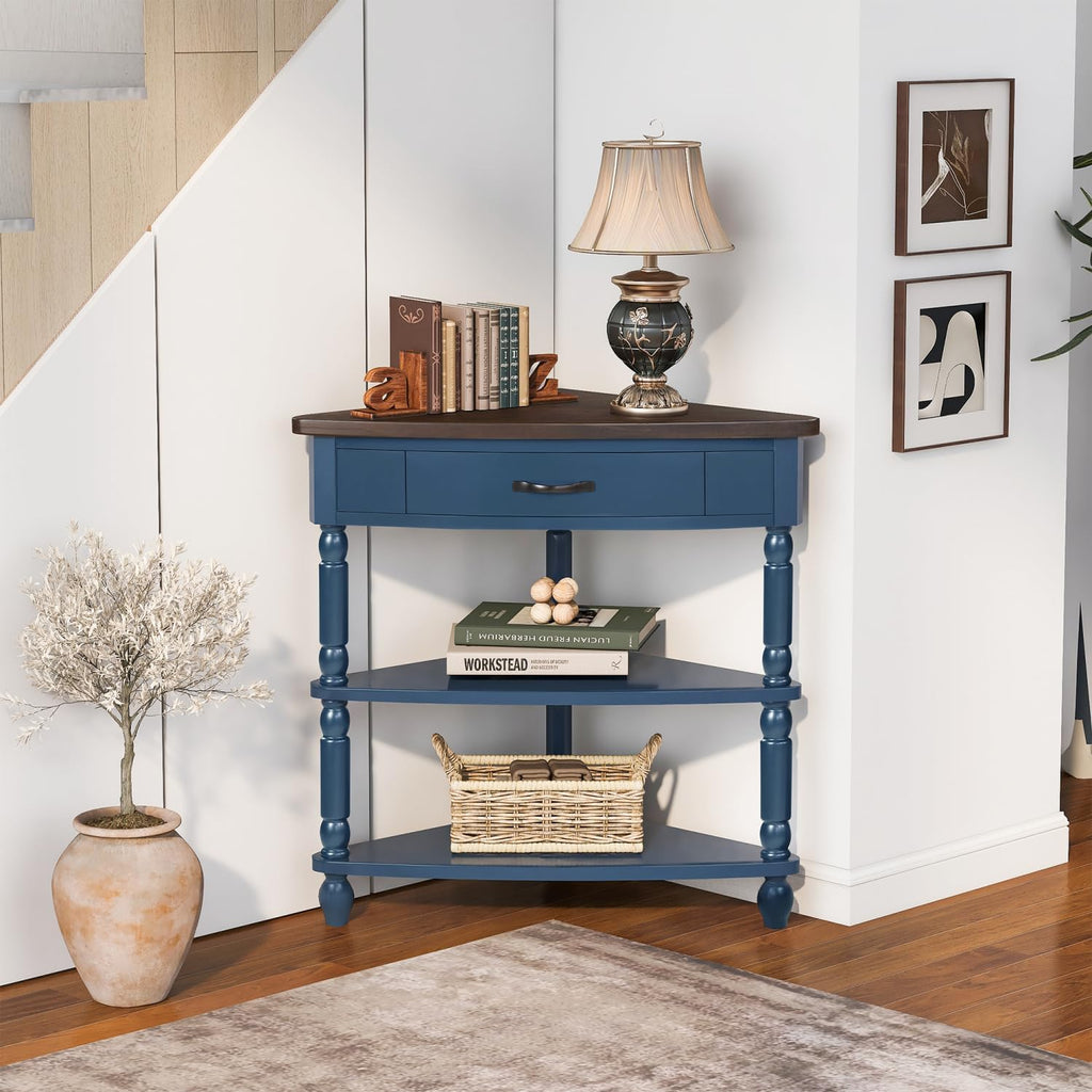 33.8" Small Triangle Corner Table, Wood Corner Side Table for Small Spaces, 3 Tier End Corner Table with Solid Wood Legs, Navy Blue