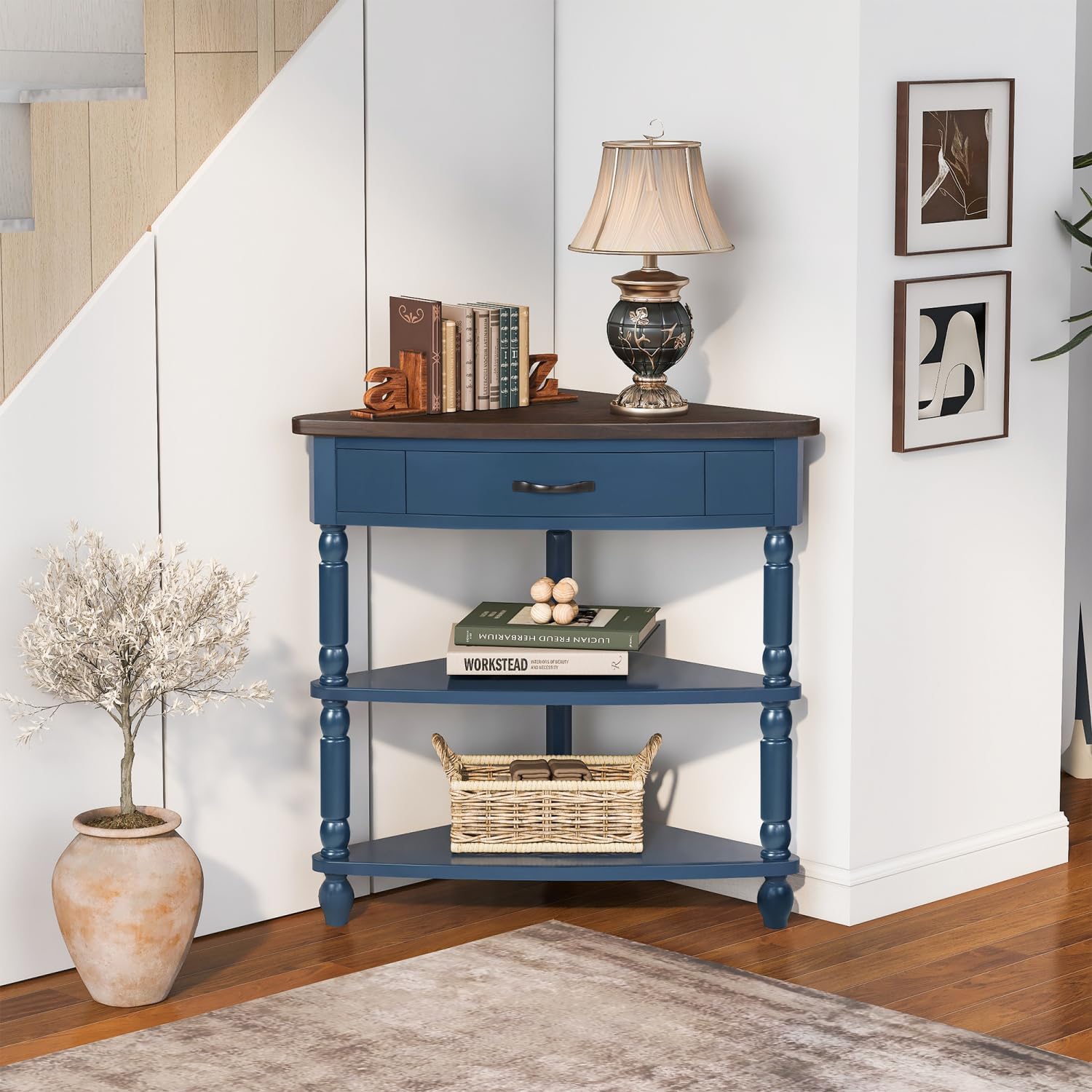 33.8" Small Triangle Corner Table, Wood Corner Side Table for Small Spaces, 3 Tier End Corner Table with Solid Wood Legs, Navy Blue
